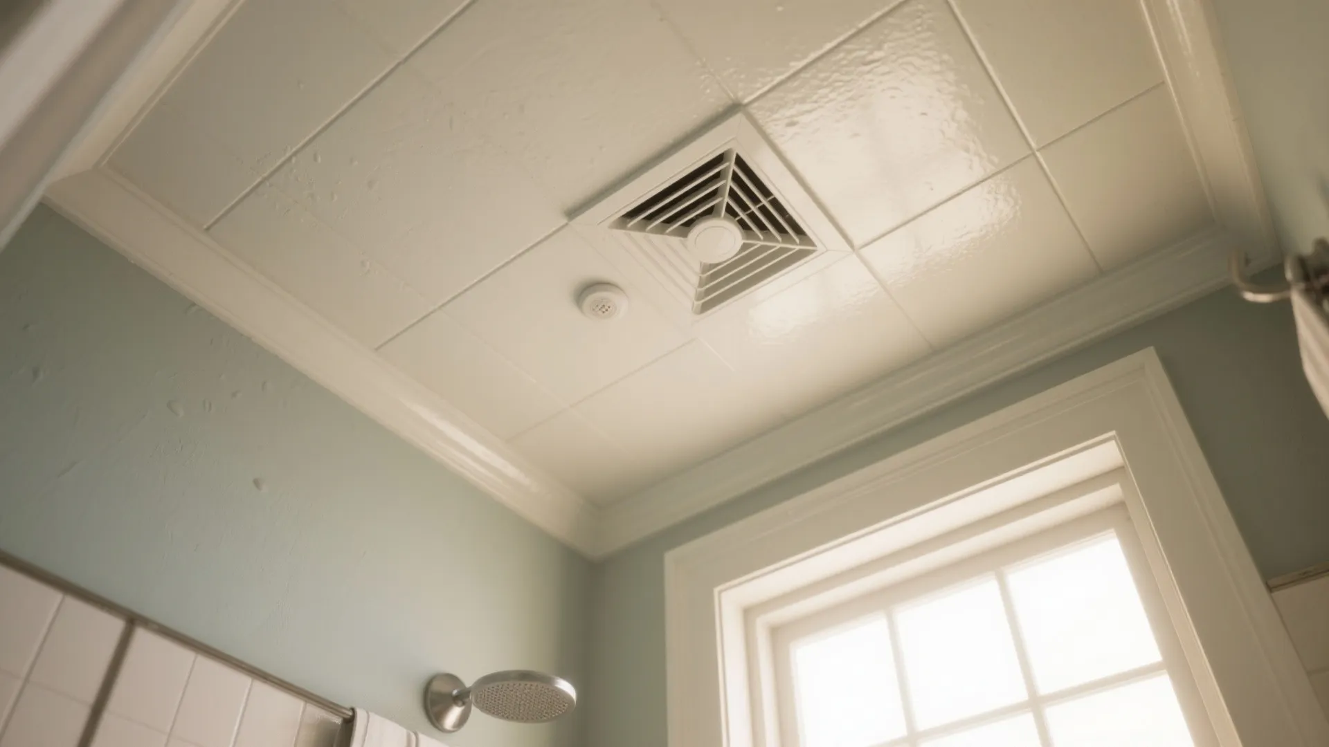 White bathroom ceiling with square ventilation fan located near a window and a shower head