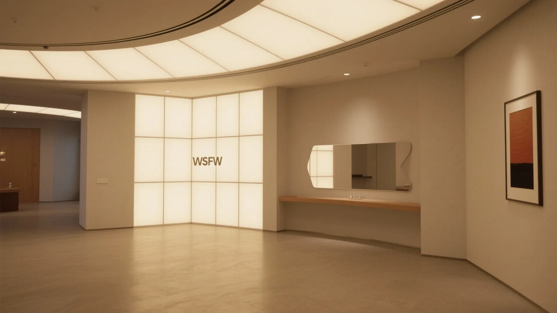 Ceiling-to-wall cove that frames the hall