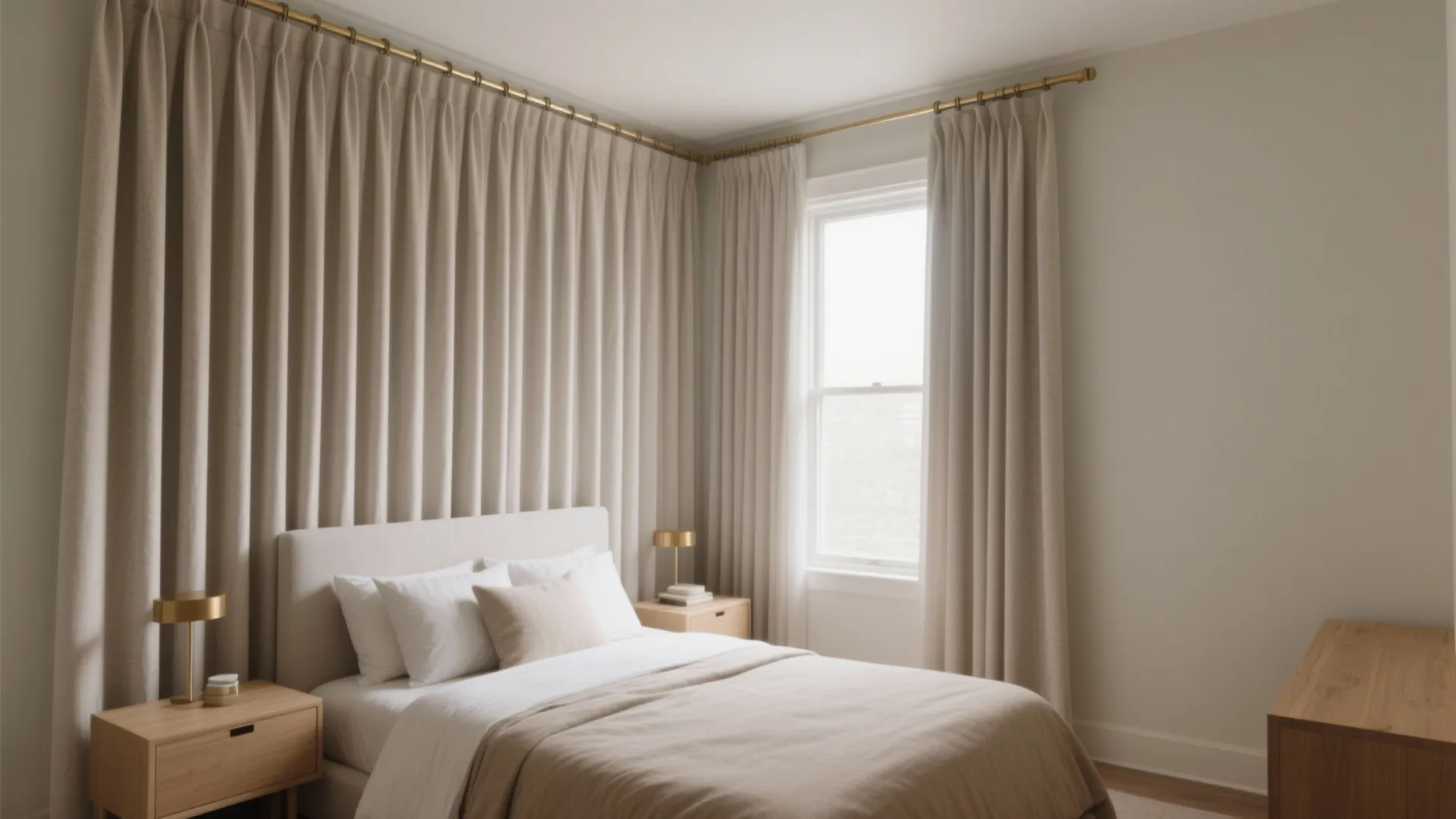 Floor to ceiling beige curtain covering a wall behind a bed in a minimalist bedroom