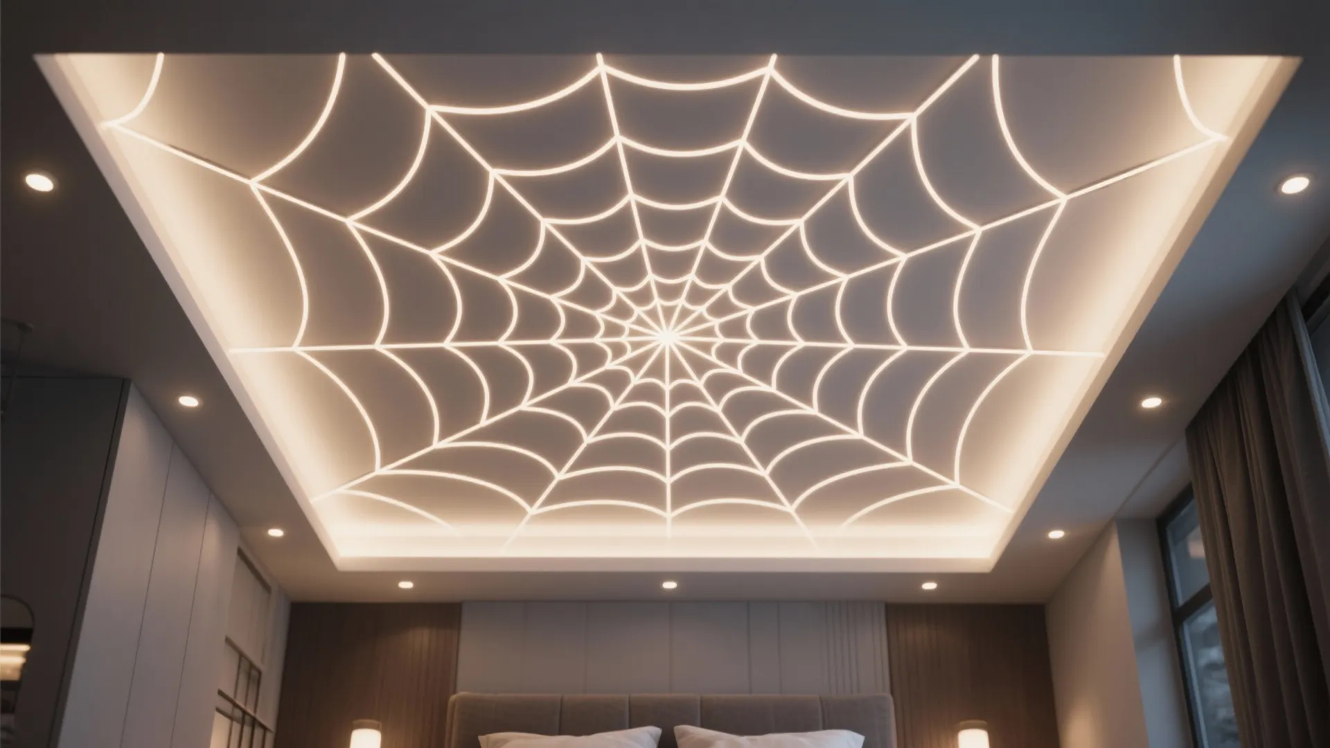 Modern bedroom ceiling with spider web shaped glowing light fixture design and warm ambient lighting
