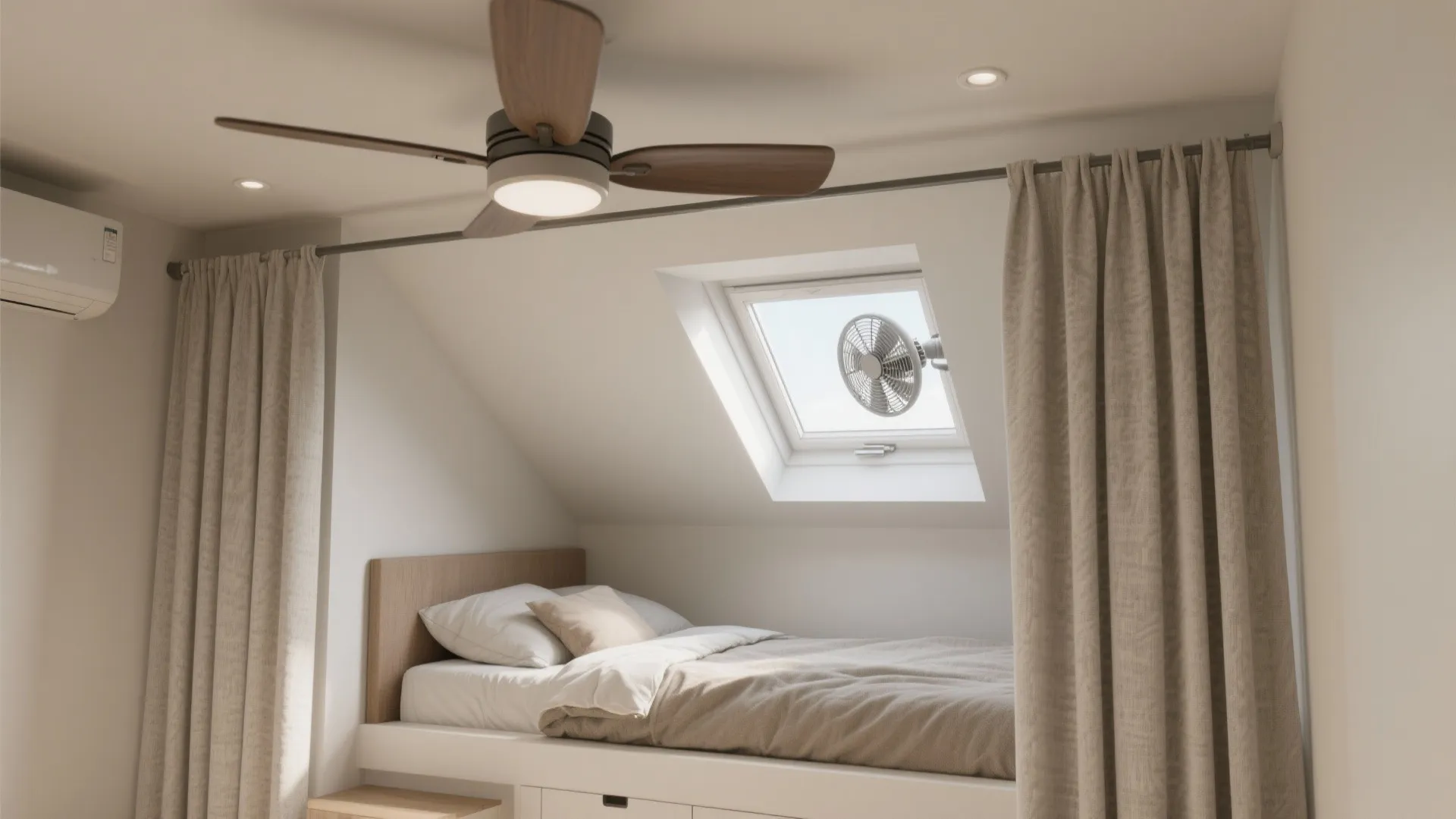 Modern attic bedroom with small bed wooden ceiling fan white roof window and long beige curtains