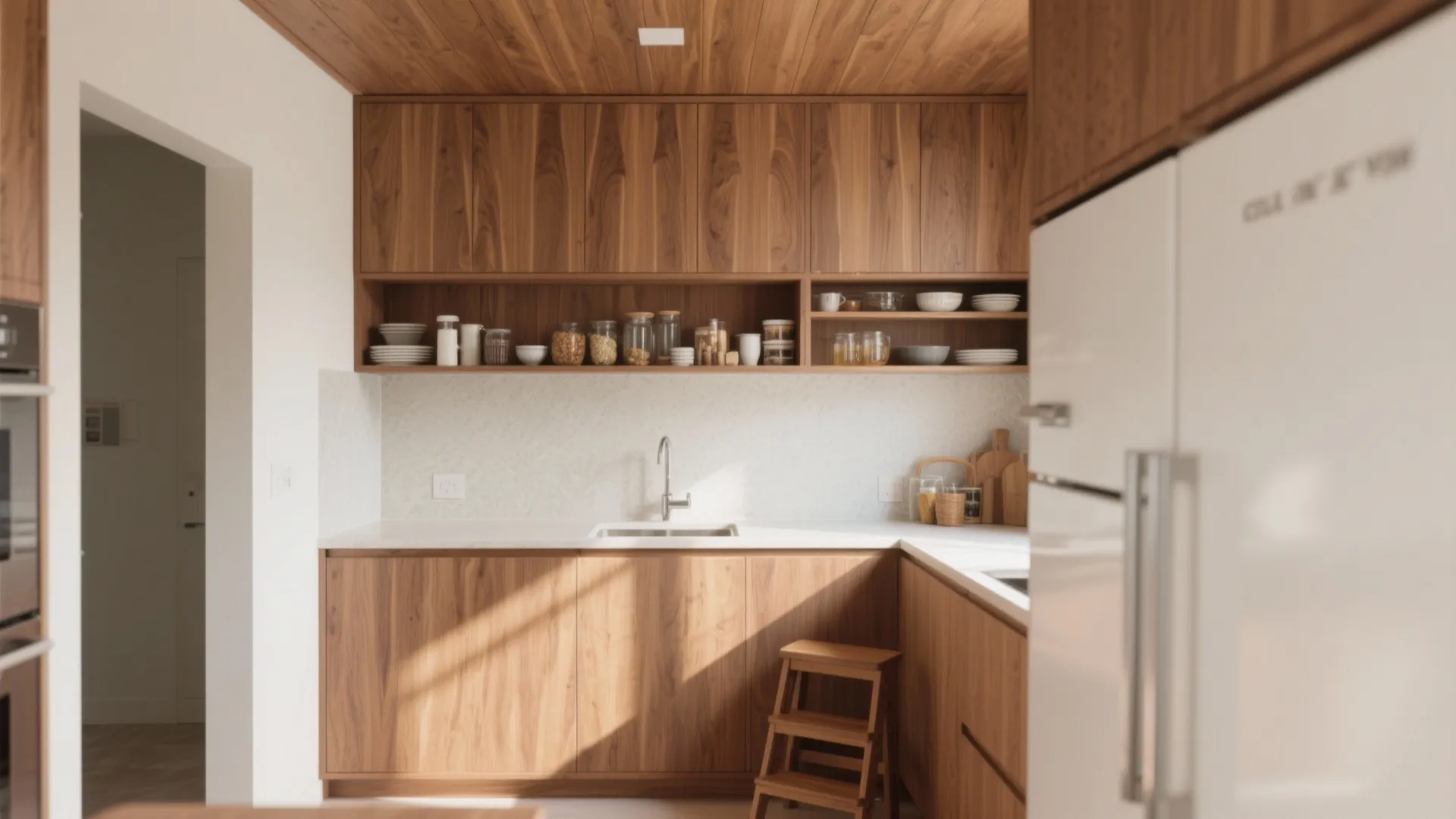 Modern kitchen with wood ceiling wood cabinets white countertop sink open shelves and small wooden stool