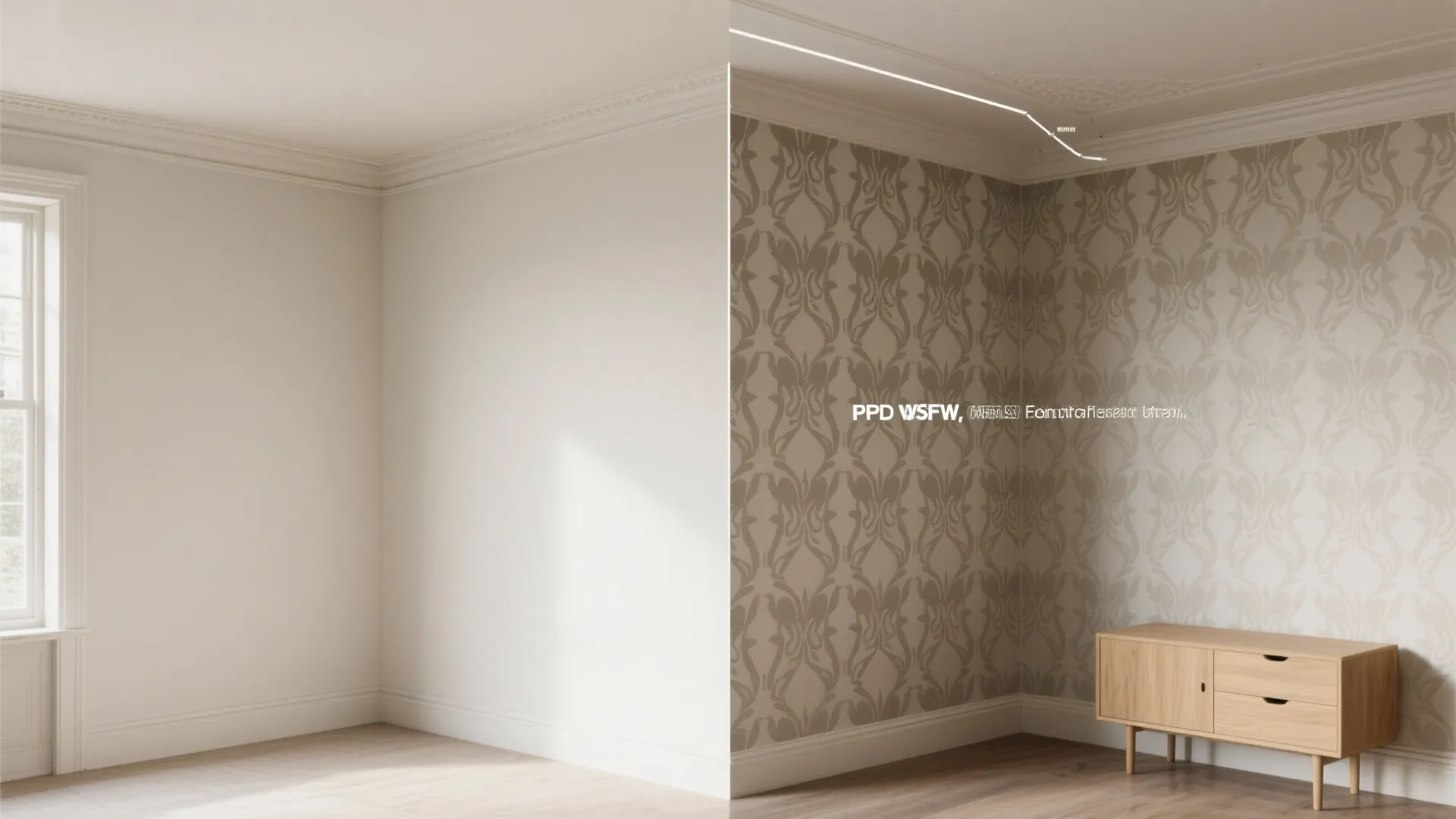 Before and after comparison of plain white wall versus patterned wallpaper with wood storage cabinet