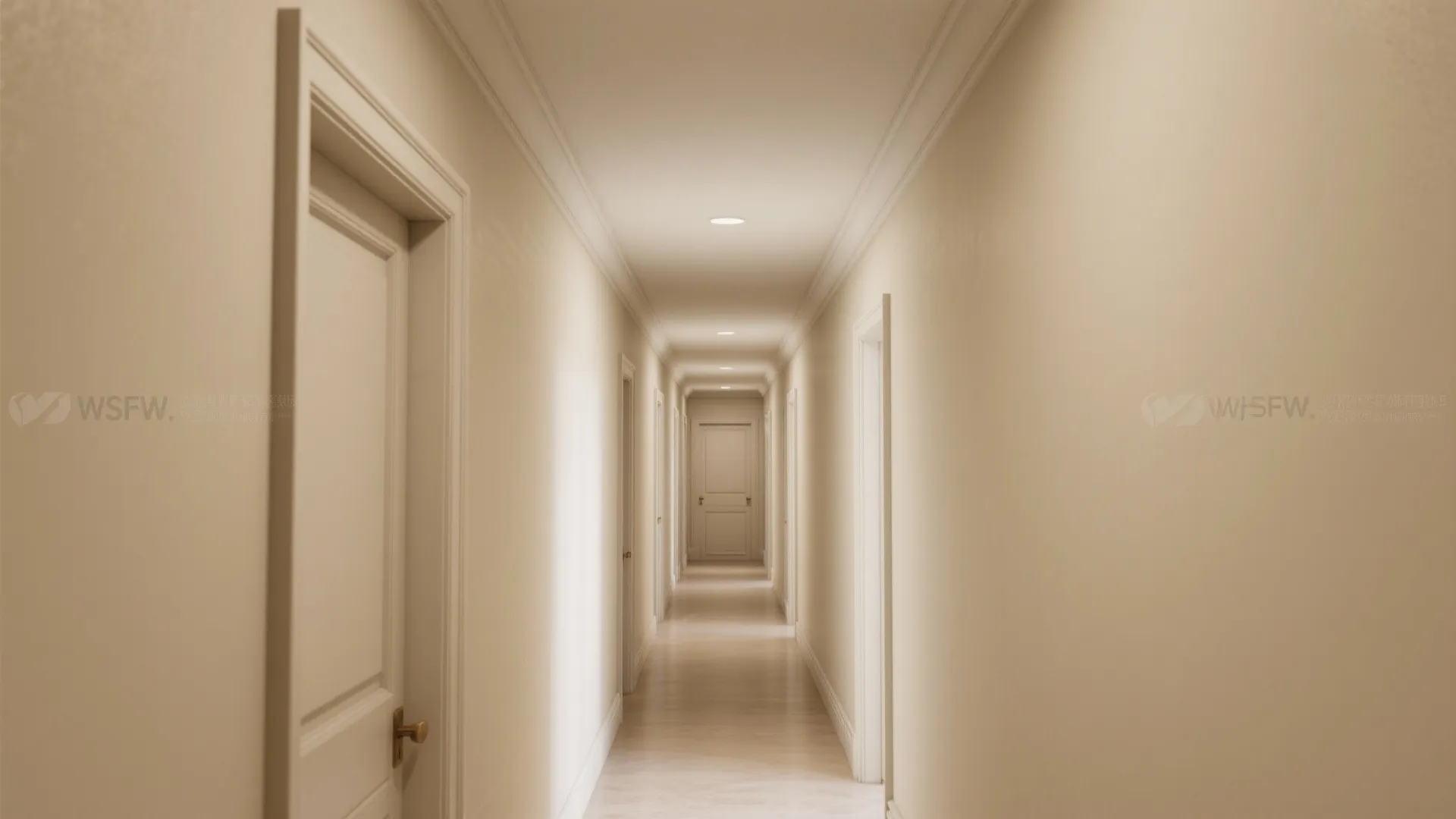 Long interior hallway with white doors cream walls wooden floor and several round ceiling lights