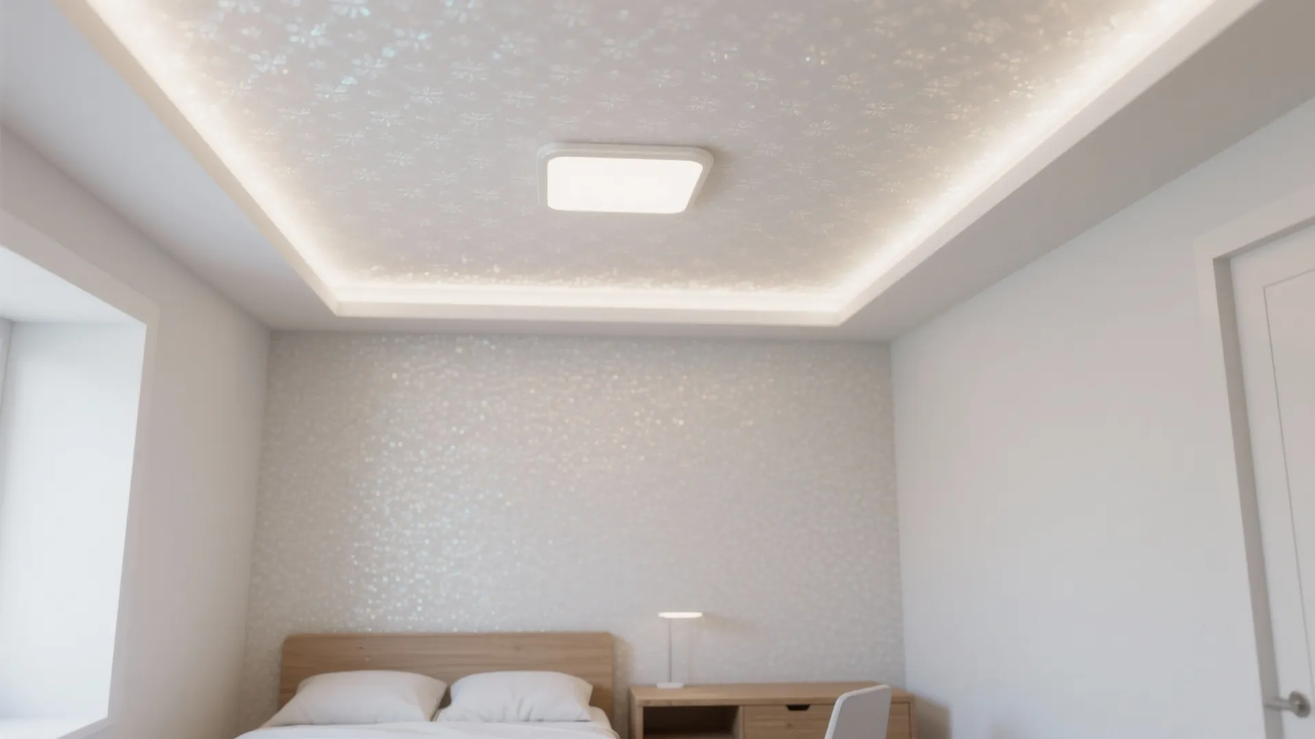 Modern bedroom with a square ceiling light hidden light strips and a wooden bed frame