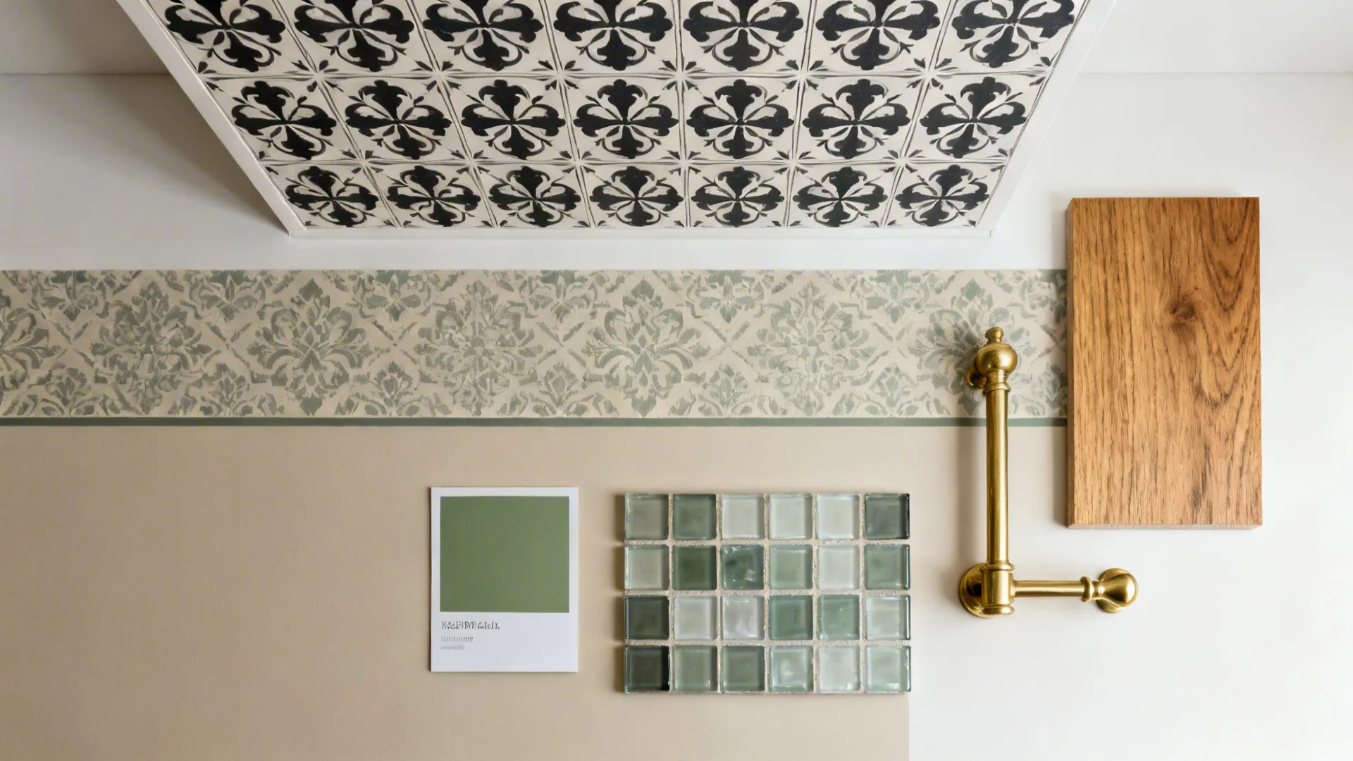 Interior design material board with green tiles, wood sample, gold handle, wallpaper, and color swatch