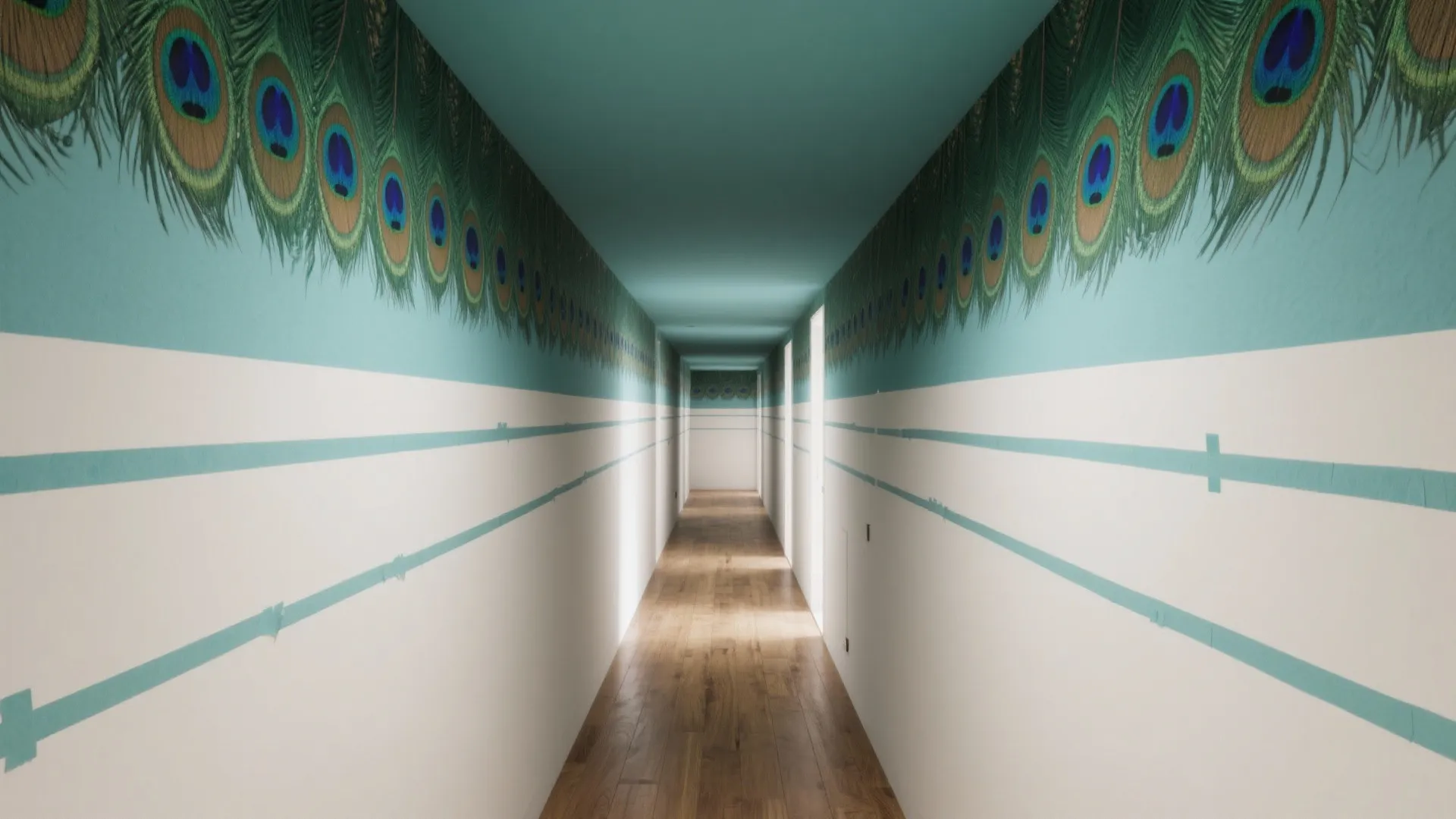 Narrow hall with a muted peacock ceiling wrap and crisp, clean paint lines.