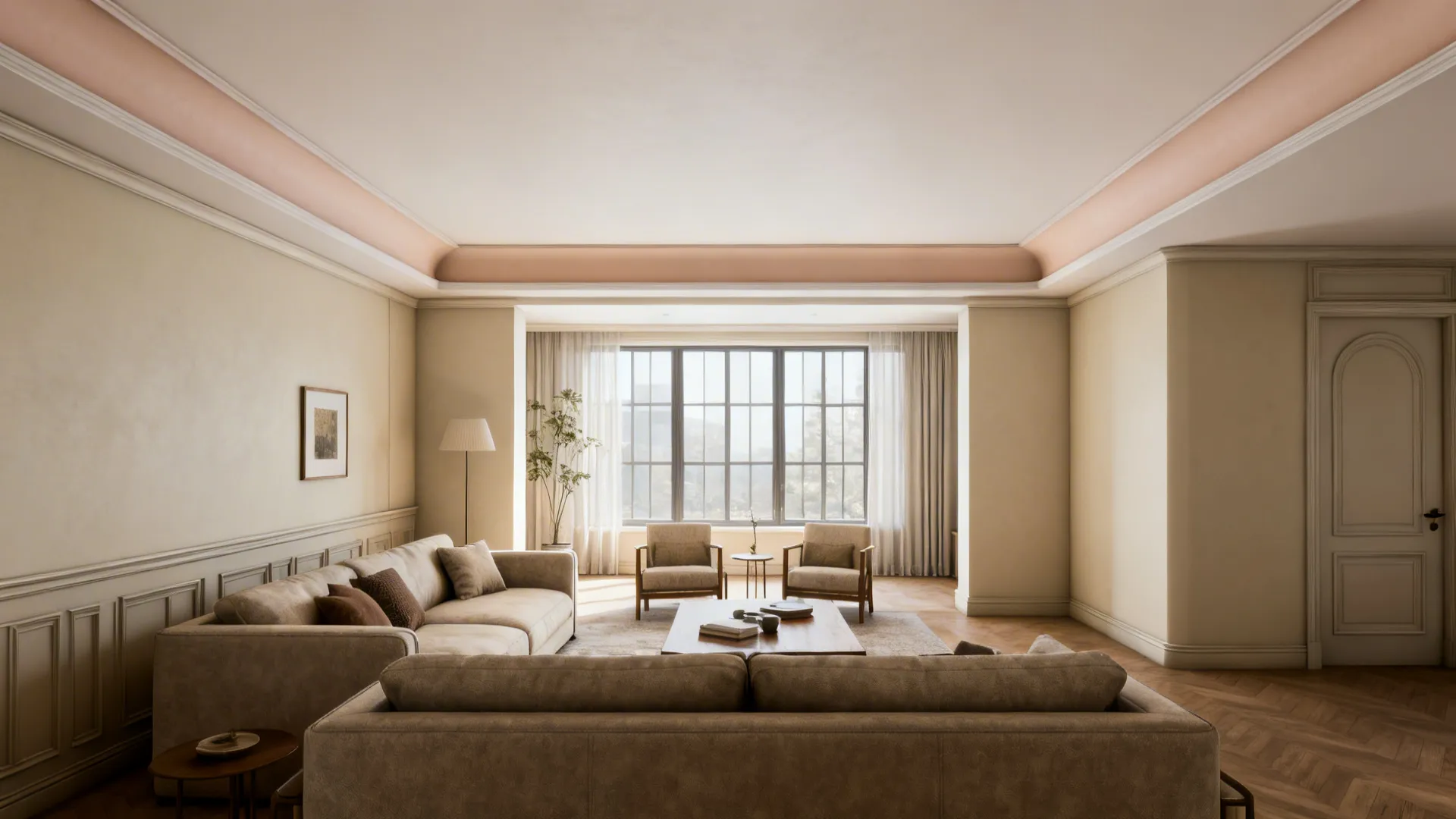 Living room with a subtle wall-to-ceiling color wrap and a paler ceiling that makes the space feel taller.