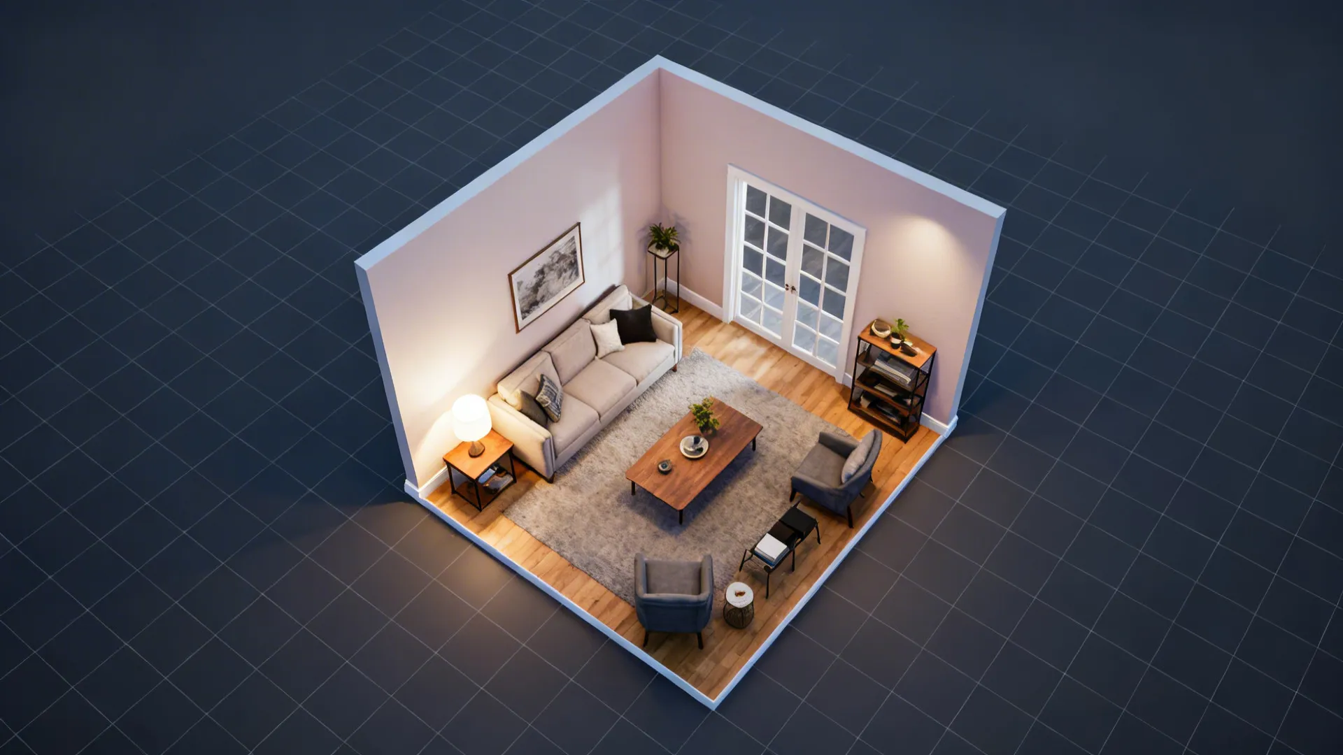 Top-down view showing a wall color wrapped onto the ceiling edge with a lighter ceiling tone in a small living room.