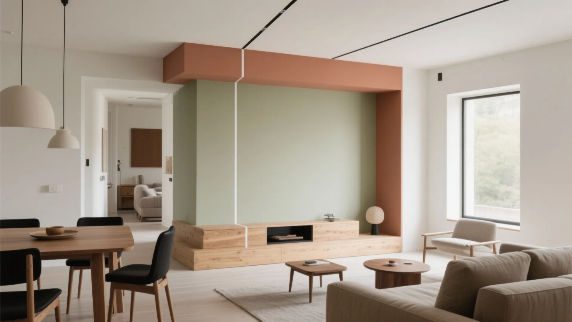 Living room interior design drawing with green and orange wall features sofa and dining table