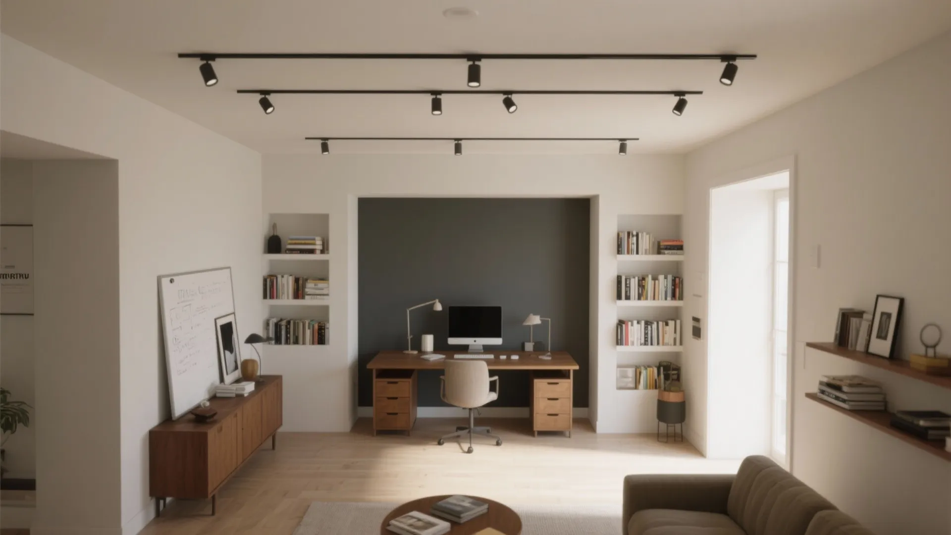 Bright home office with wooden desk, computer, bookshelves, track lighting, sofa, and light wood flooring