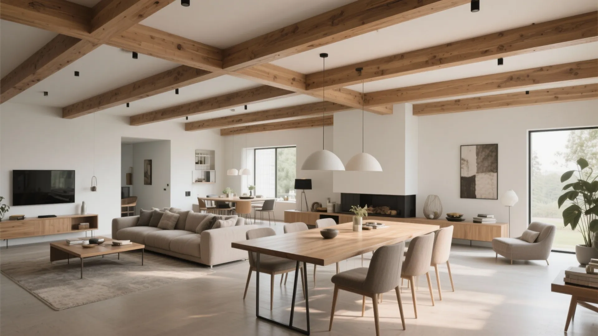 Spacious living room with wooden ceiling beams plus a large dining table and grey sofa