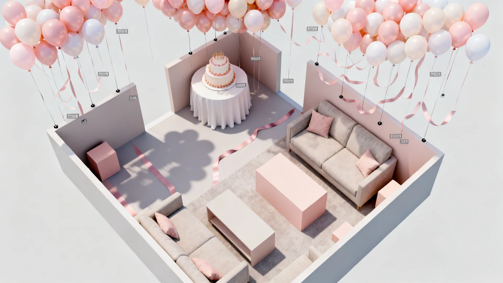 2) Floating Ceiling Clusters with Ribbon Drops