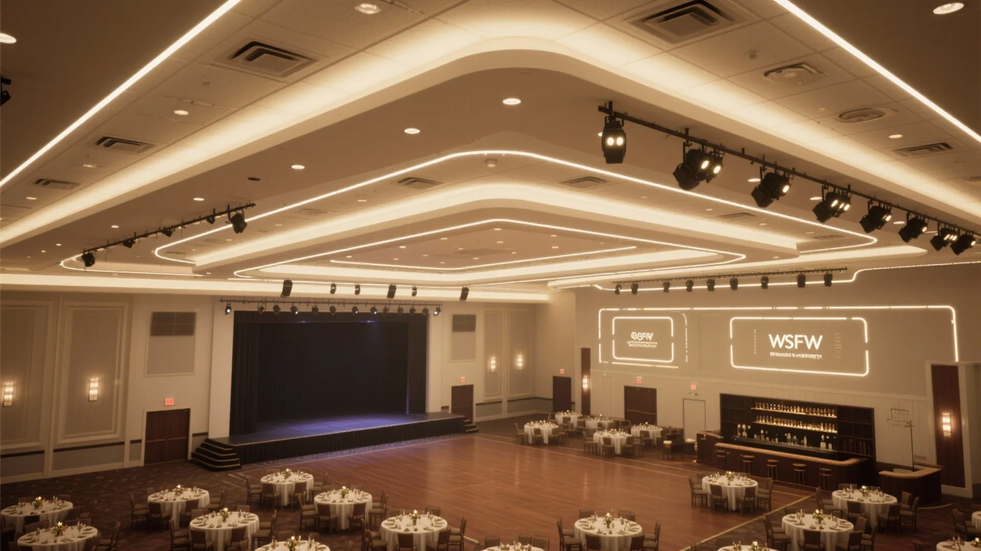 Large event hall with stage round tables bar area and modern glowing lines on high ceiling