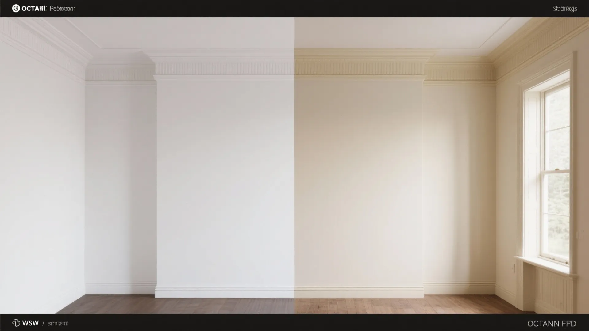 Before-and-after of a room with white ceiling versus soft cream ceiling and matching trim for a cozier feel.