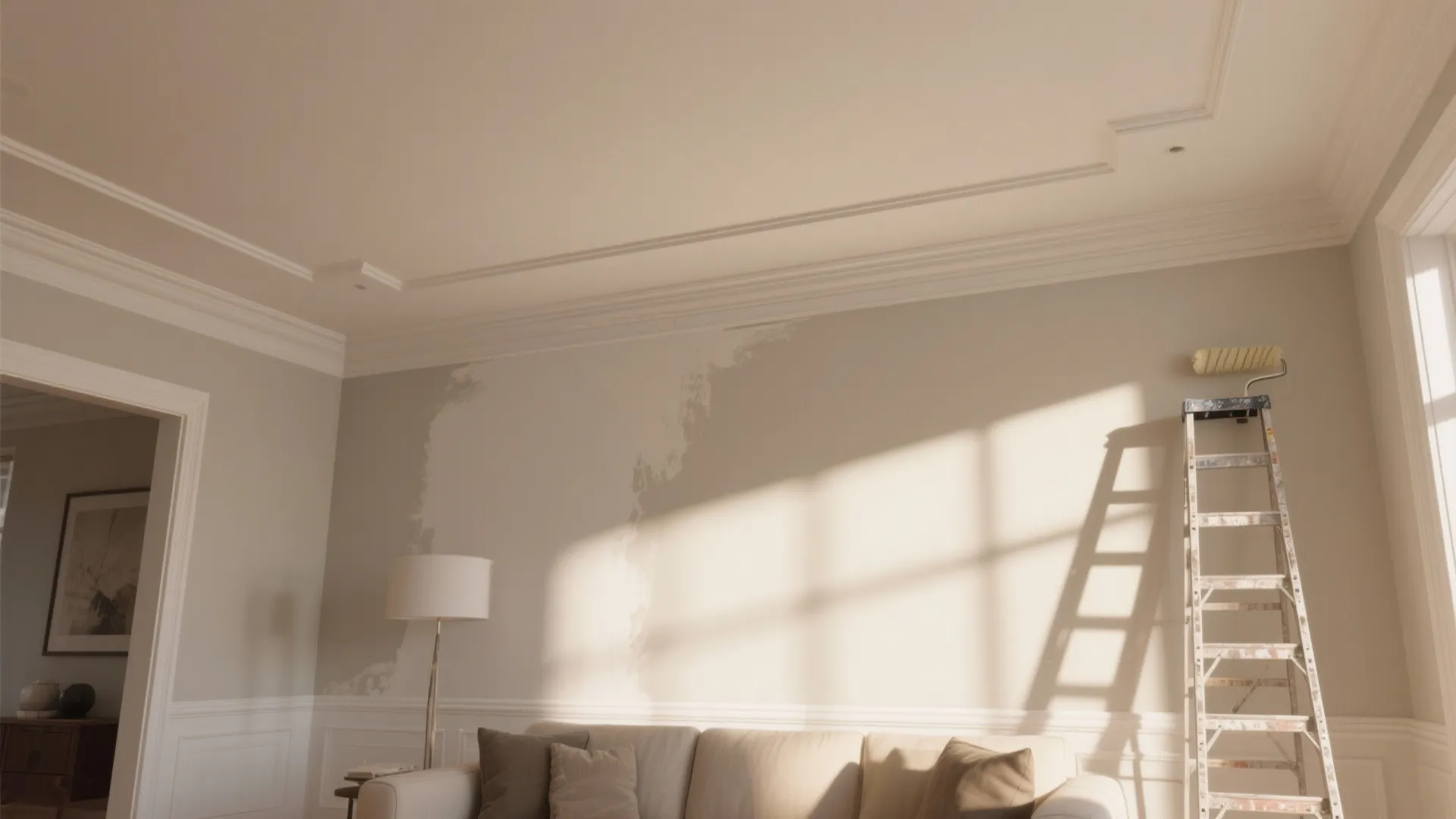 Living room wall painting in progress with a tall metal ladder and a white sofa