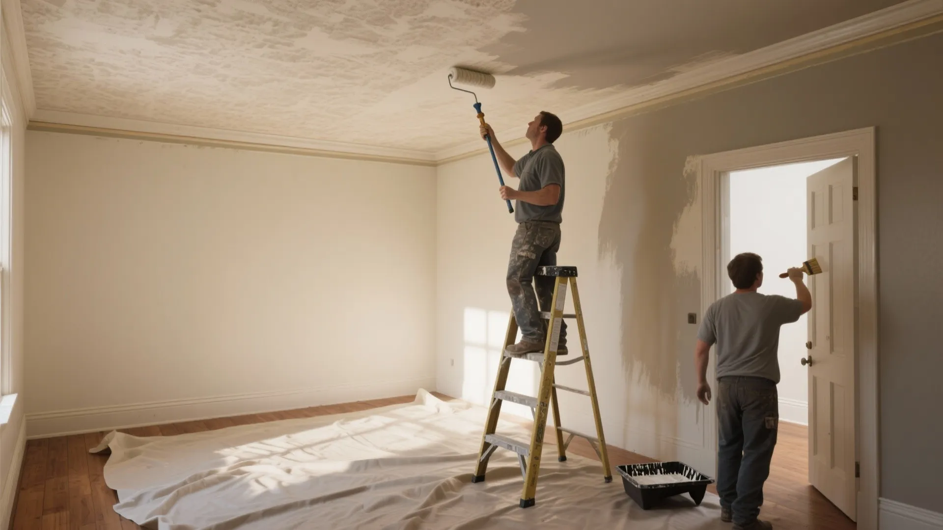 Two men painting white ceiling and walls in empty room with ladder and paint roller