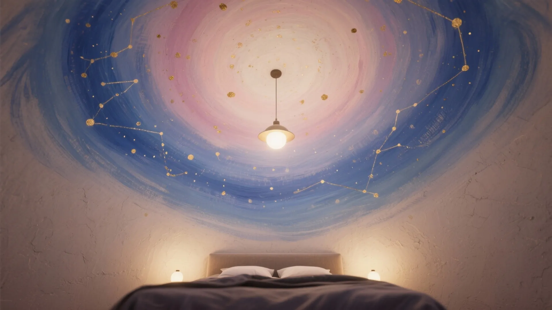 Cosmic bedroom with a large galaxy mural on the wall and a central ceiling light