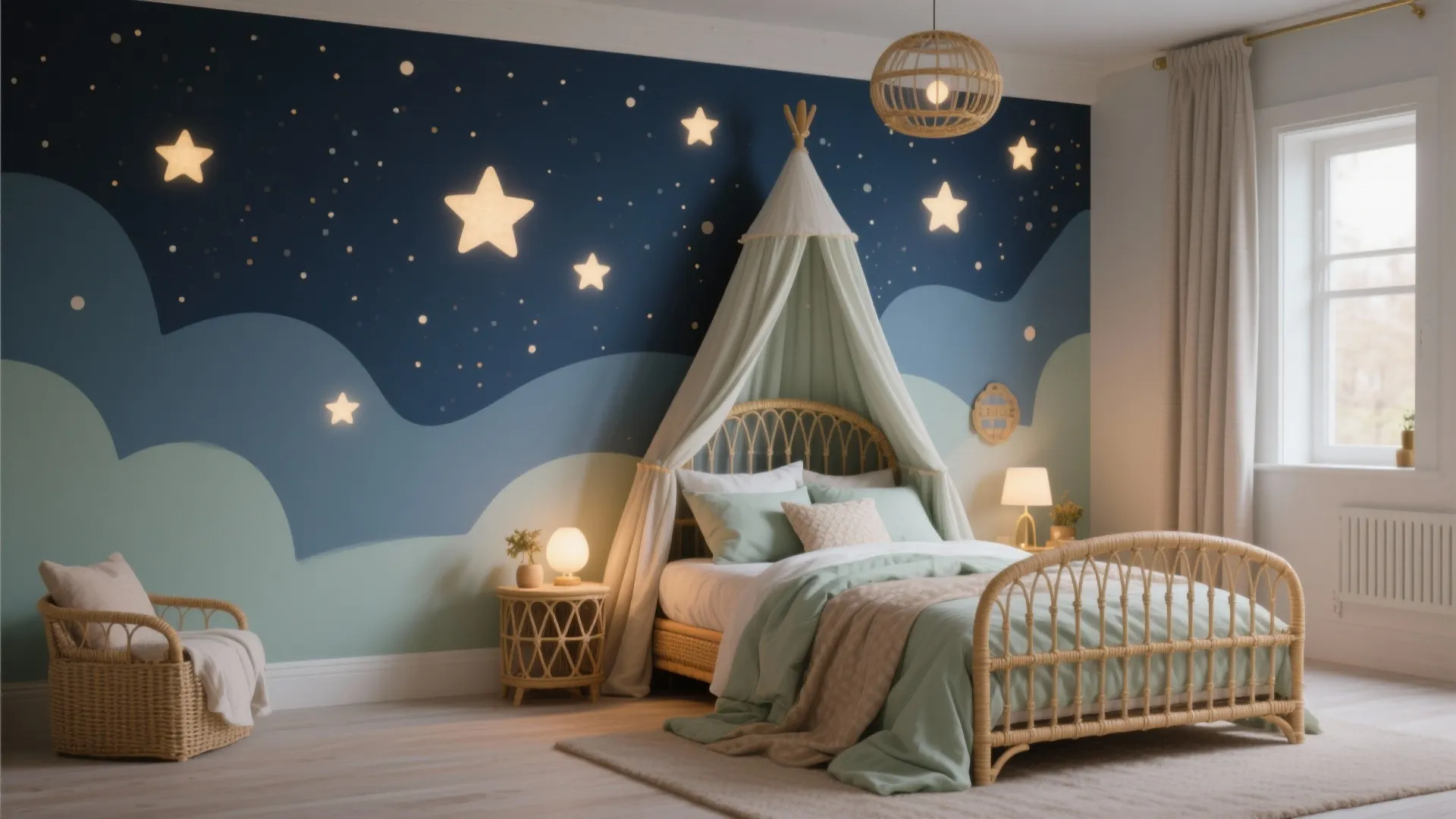 Kids bedroom with starry wall mural rattan bed frame canopy ceiling light and natural lighting