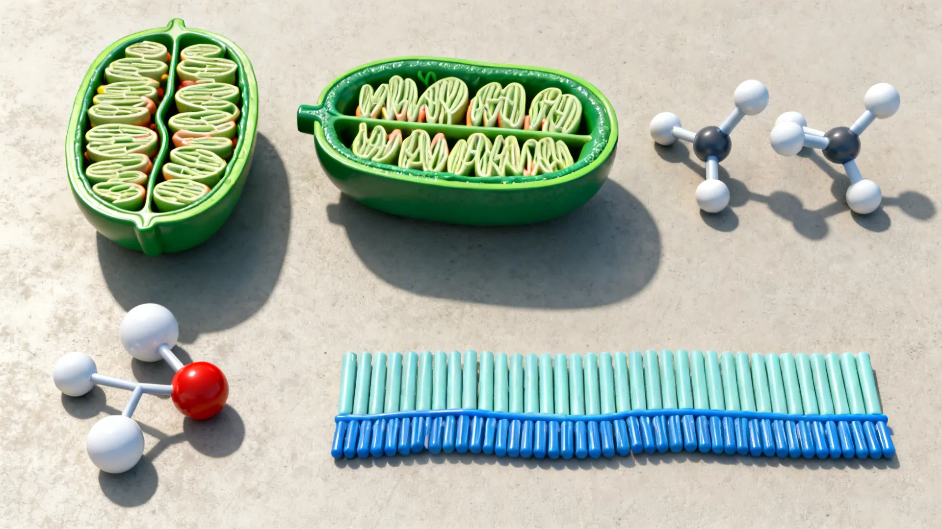 Top-down flatlay of mitochondrion, chloroplast, ATP, glucose, and membrane models on a neutral surface.