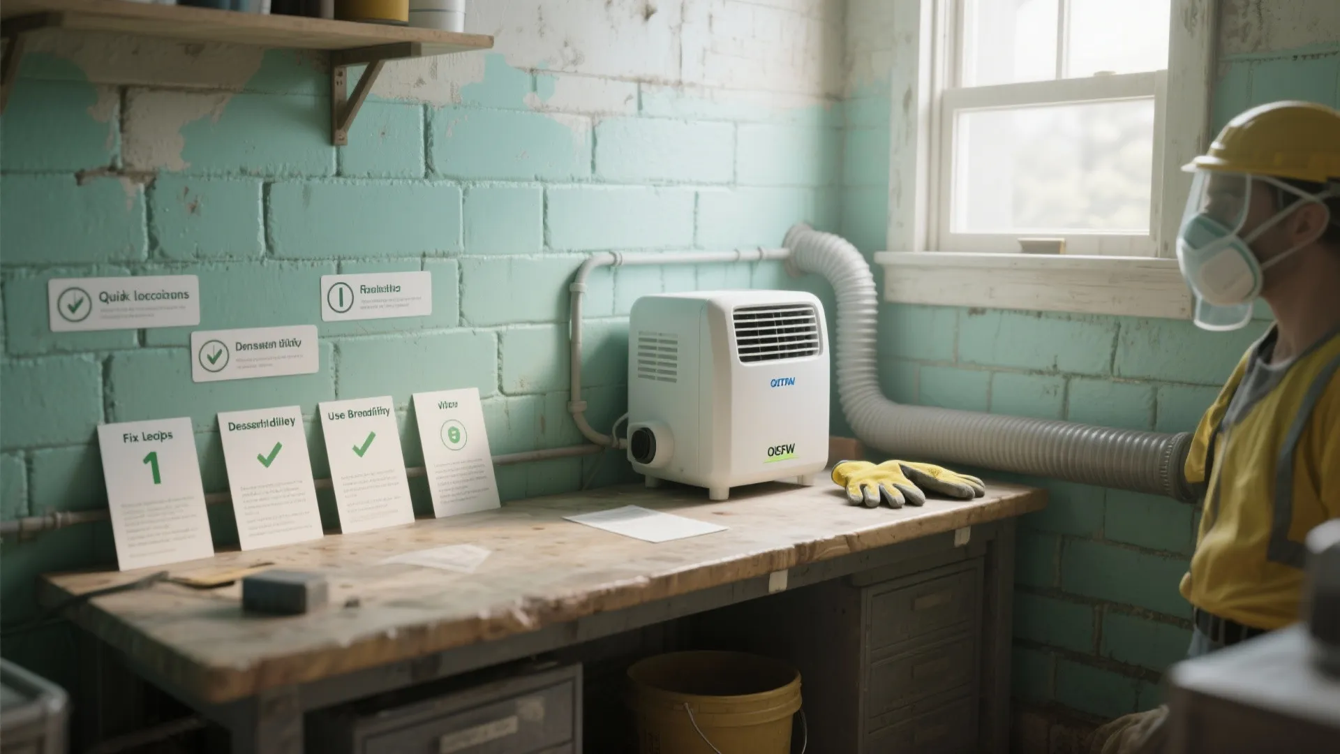 White portable air machine on wooden table in basement with checklist cards and a worker present