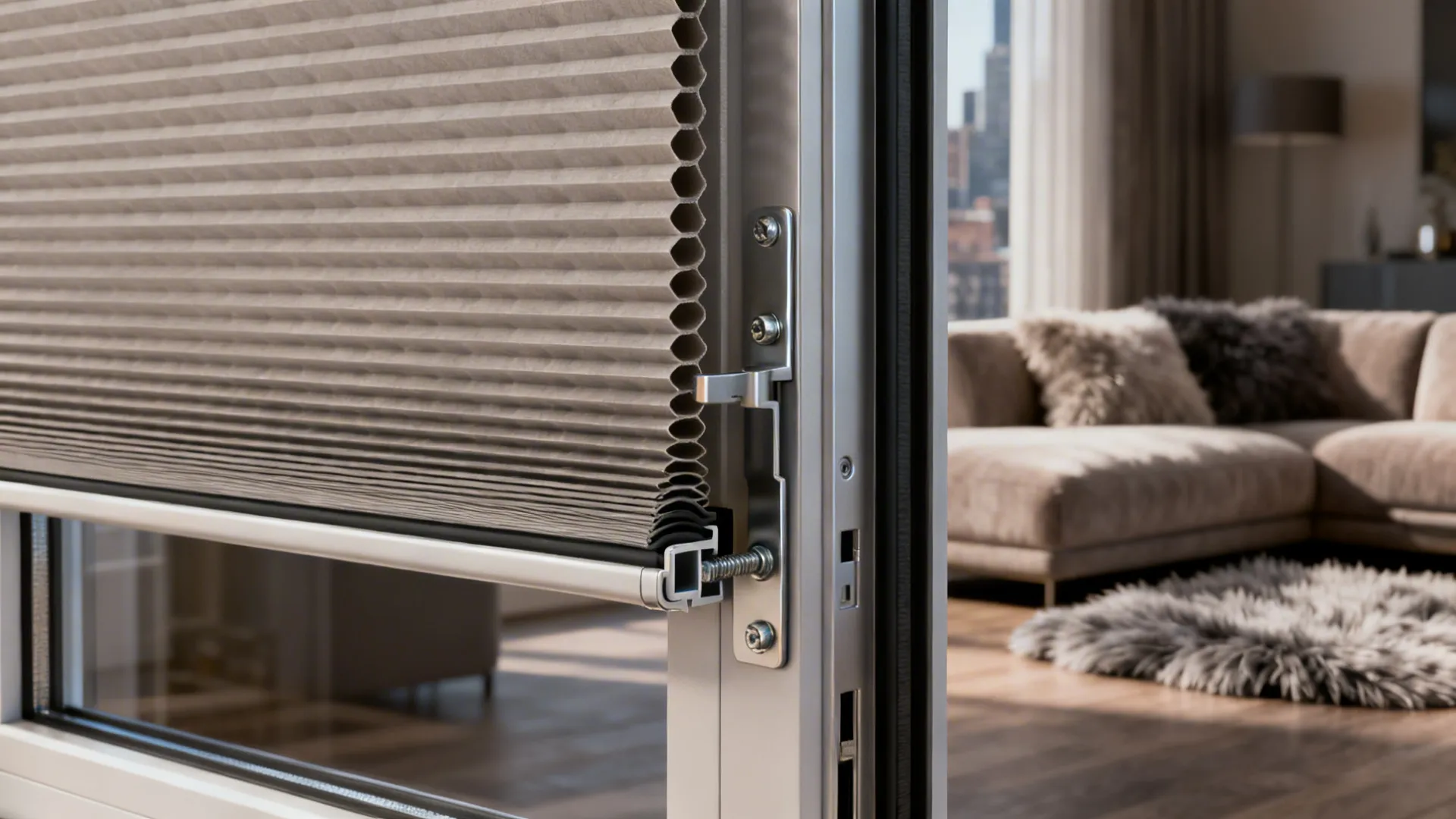 Close-up of honeycomb cellular blind pockets showing insulation structure