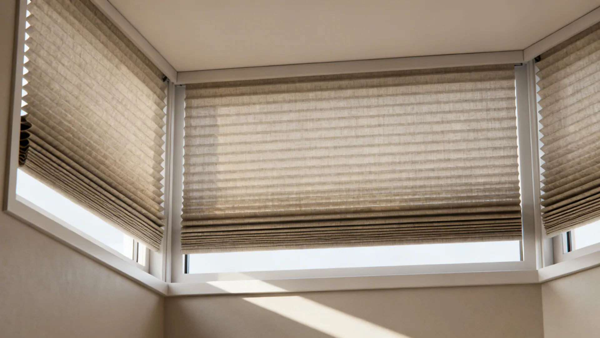 Close-up of folded honeycomb cellular blinds fitted in an angled bay window.