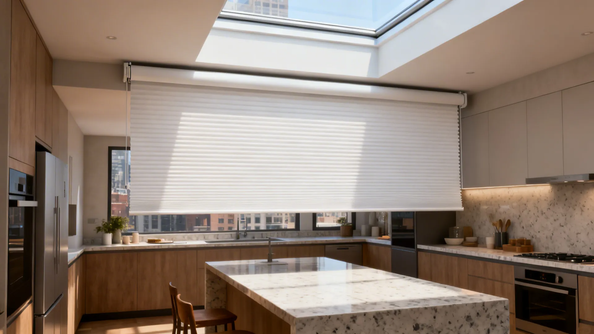 Modern wood kitchen with marble island featuring large white pleated blind and glass roof window