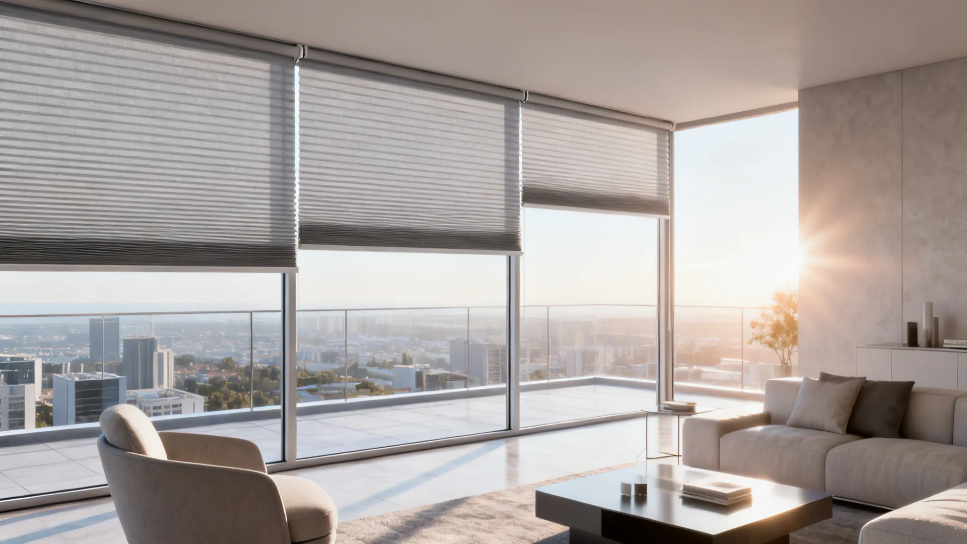 Modern living room with grey sofa coffee table and large windows covered by white shades