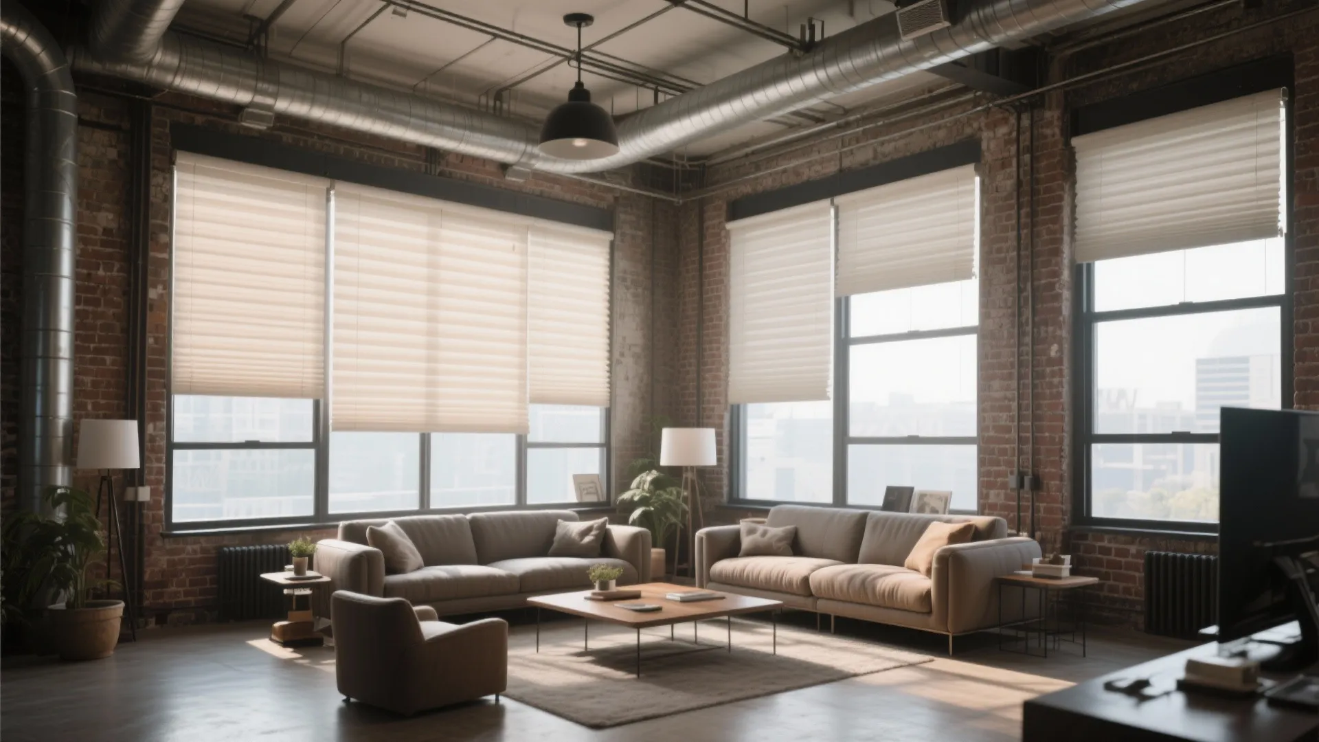 Industrial loft with large windows and cellular shades