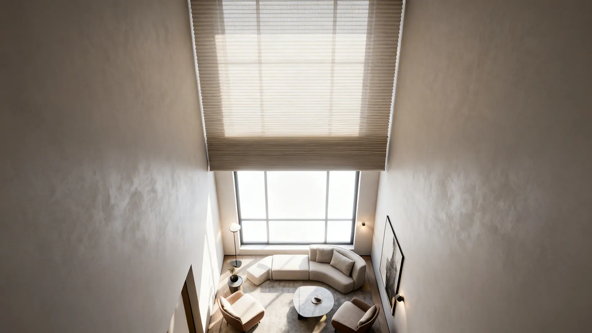 Small living room with top-down bottom-up cellular shades partially lowered to elongate walls and admit soft light.