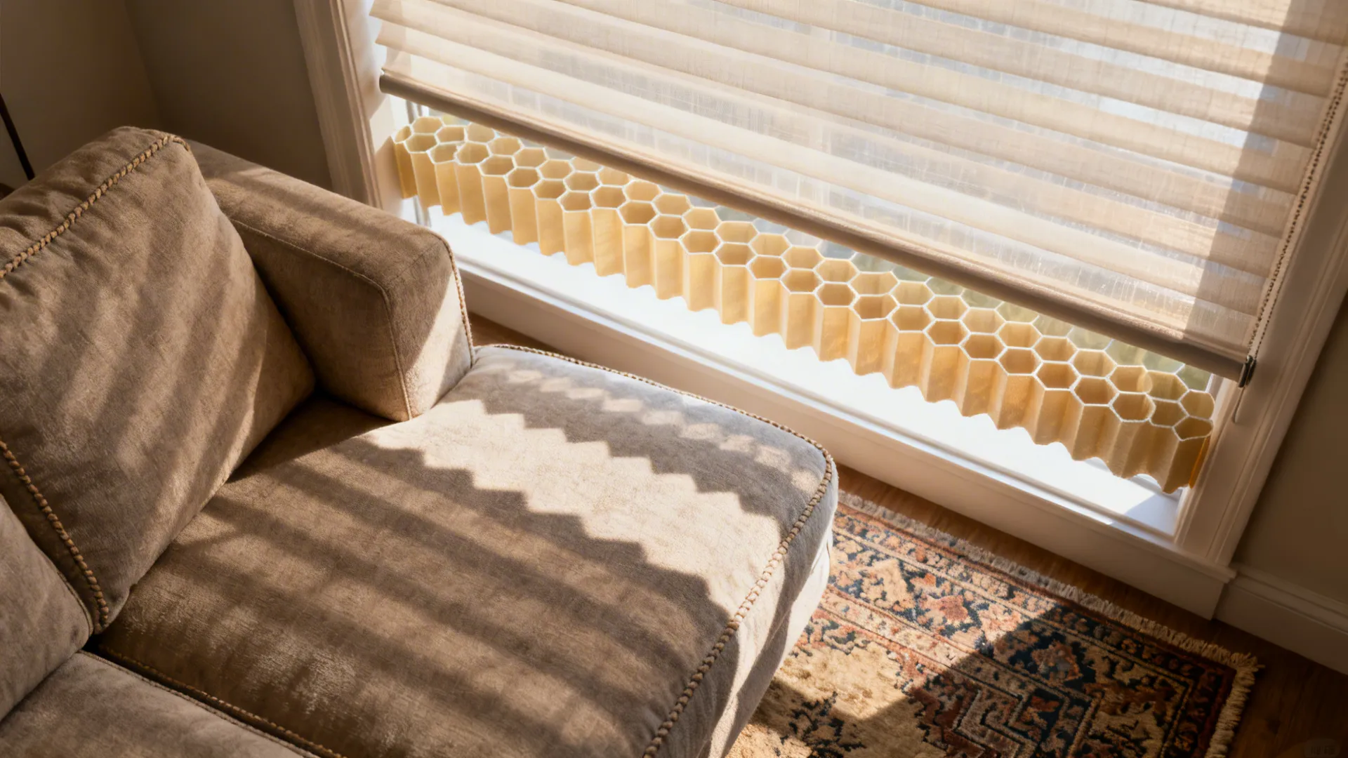 Top-down bottom-up cellular shade partially lowered, showing honeycomb insulation and diffused light