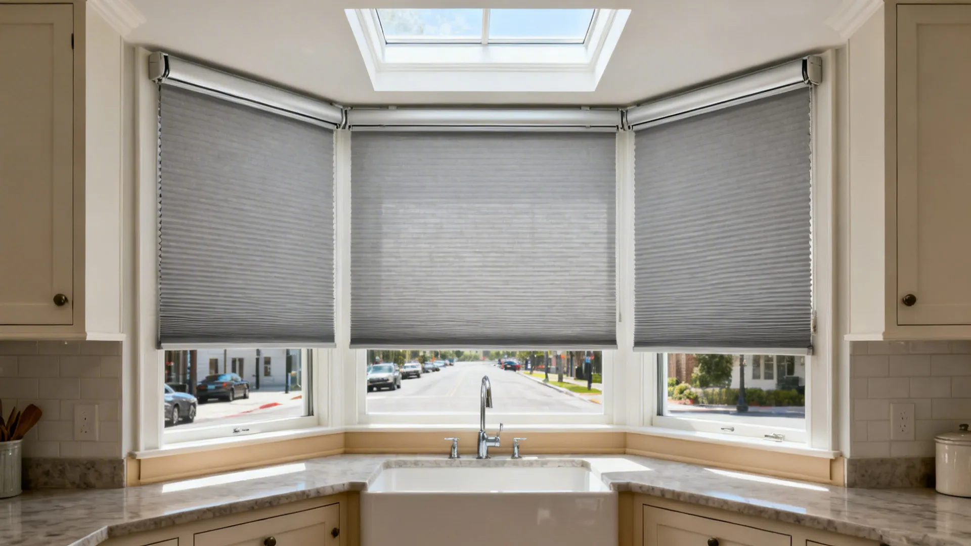 Kitchen bay with top-down cellular shades in light gray for insulation and privacy.