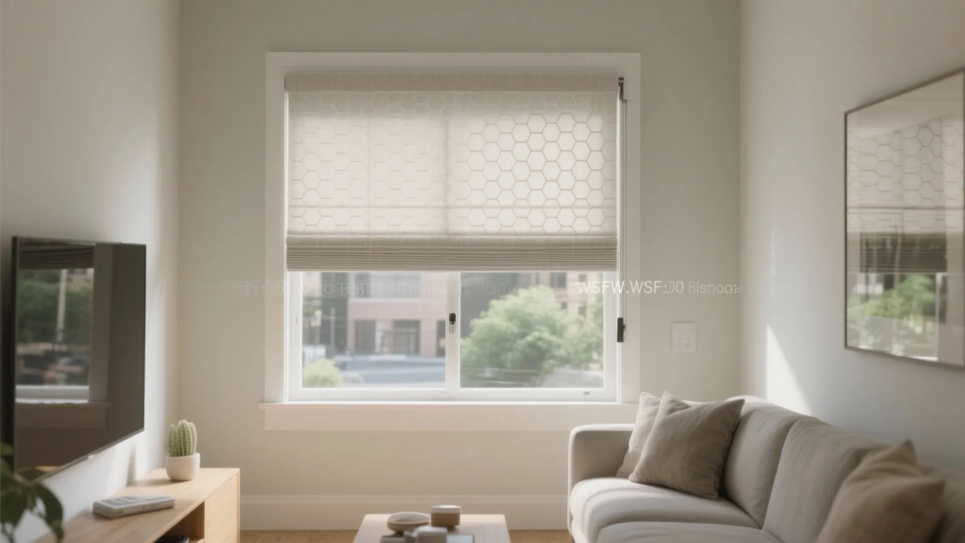 Modern living room featuring window with pattern curtain beige sofa wooden table and white walls