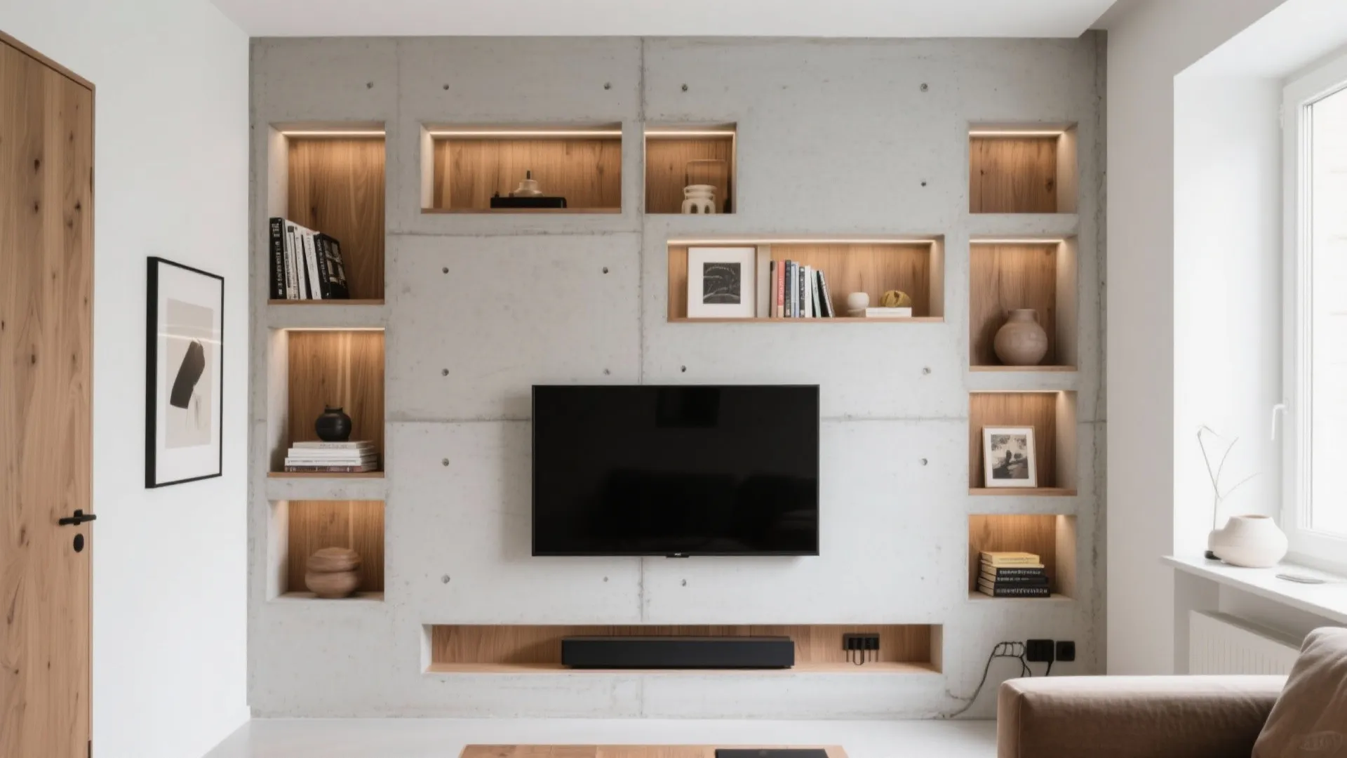 Minimalist cement built-ins with warm wood