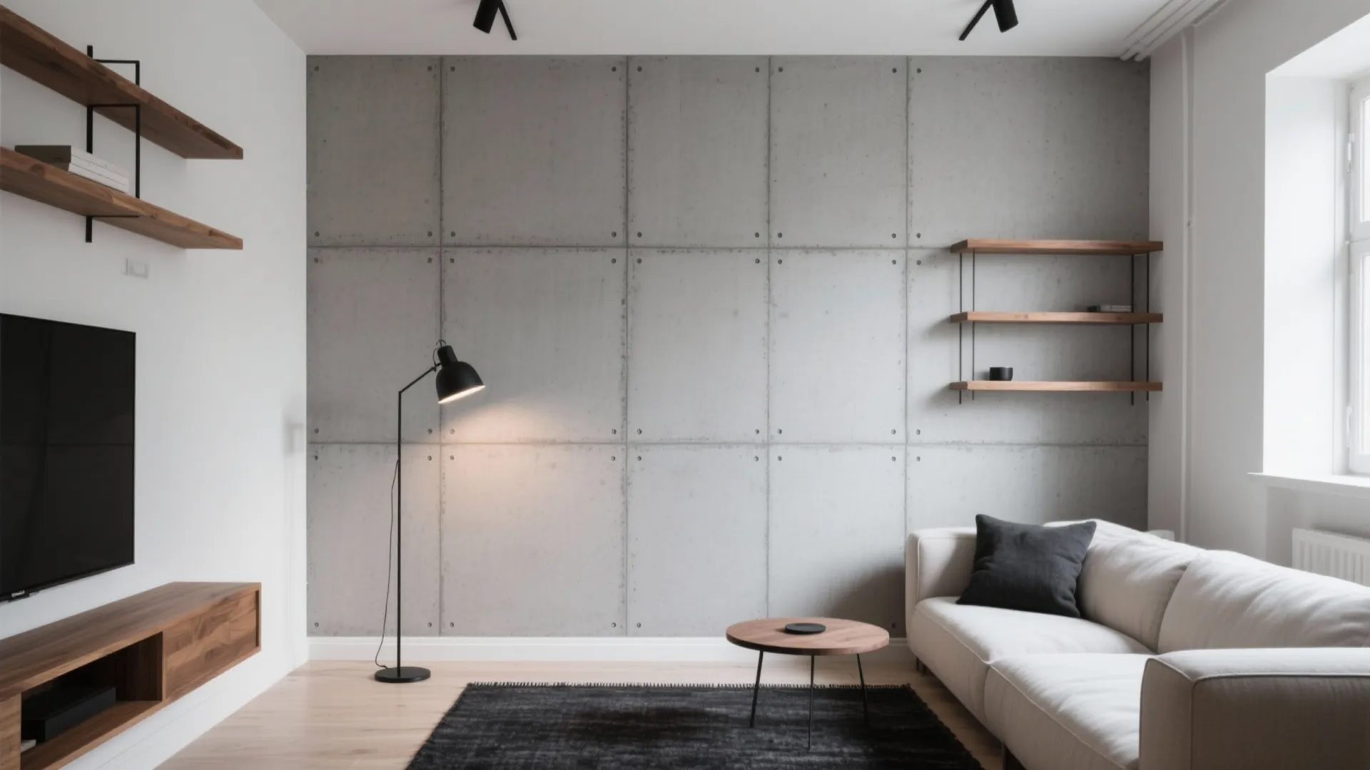 Industrial living room with concrete wall panel white sofa floor lamp and wooden wall shelves