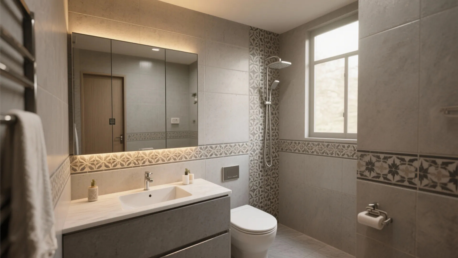 Modern grey bathroom with large wall mirror sink cabinet white toilet shower and tiled floor