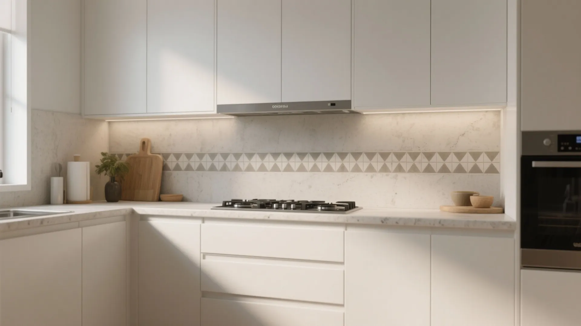 White kitchen with a horizontal band of muted geometric cement-effect patterned tiles behind the hob.