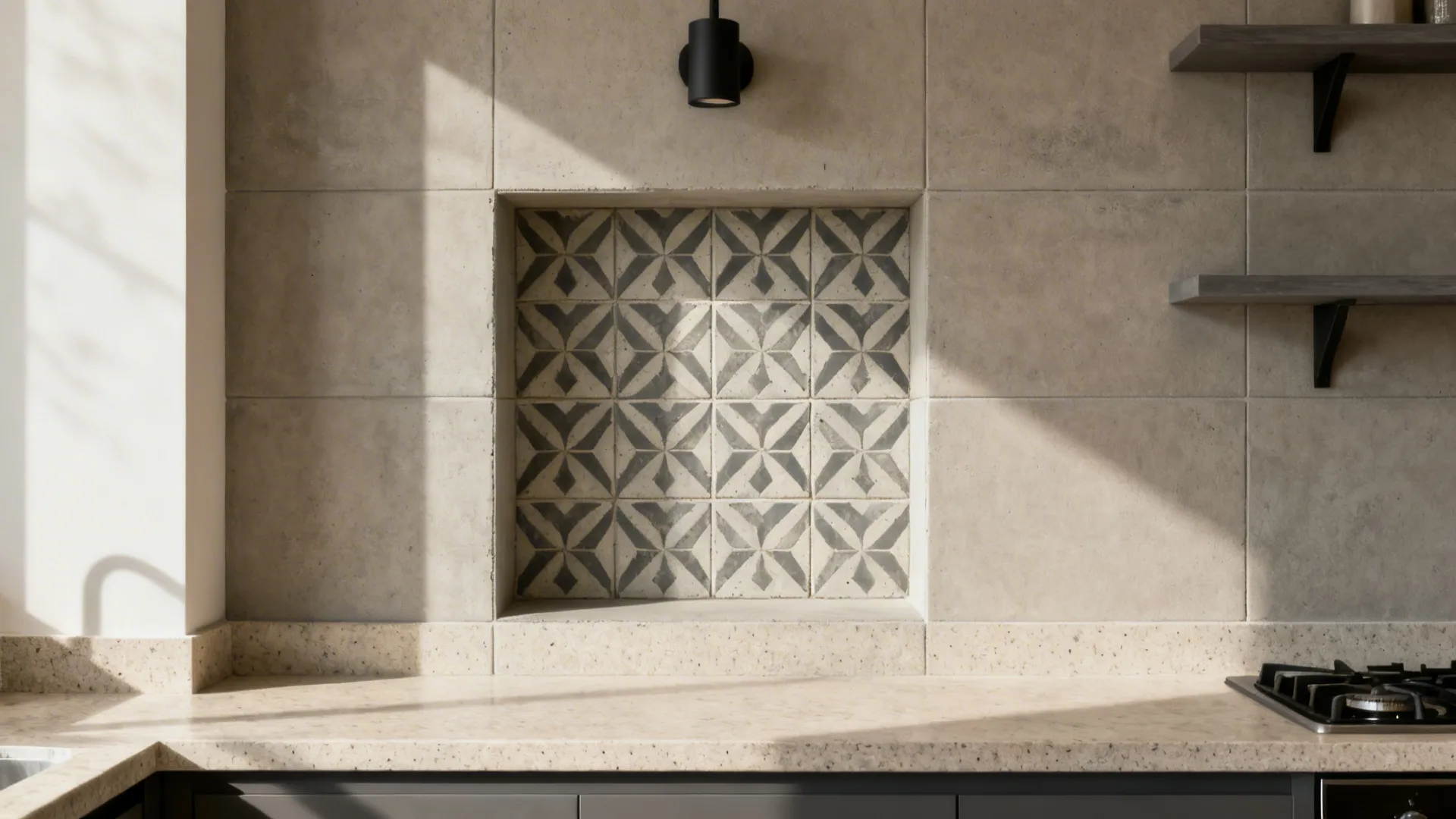 Range wall with a 12-inch patterned cement tile band framed by plain field tile.