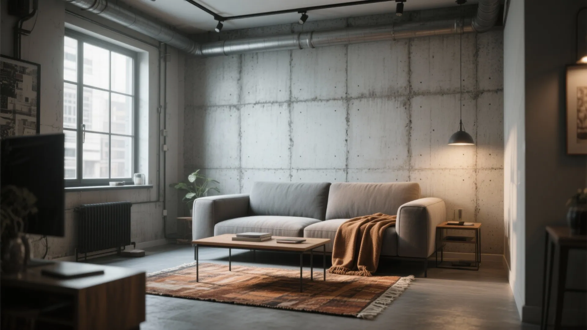 Industrial style living room with grey sofa wooden coffee table patterned rug and concrete wall