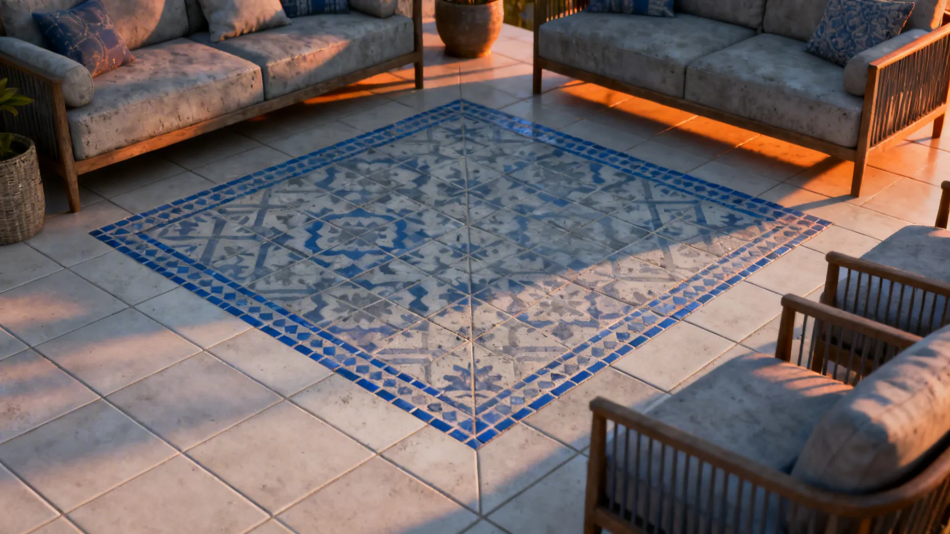 Living room with a framed patterned cement tile zone bordered by neutral porcelain.