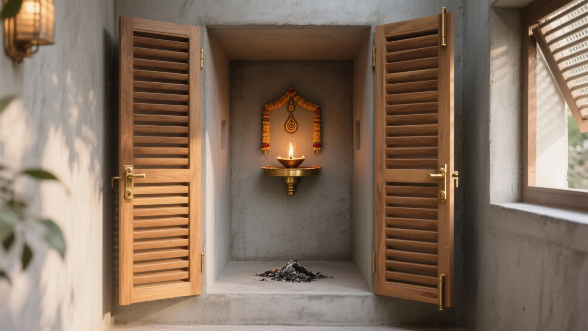 Outdoor-Inspired Cement Alcove Behind Slatted Doors