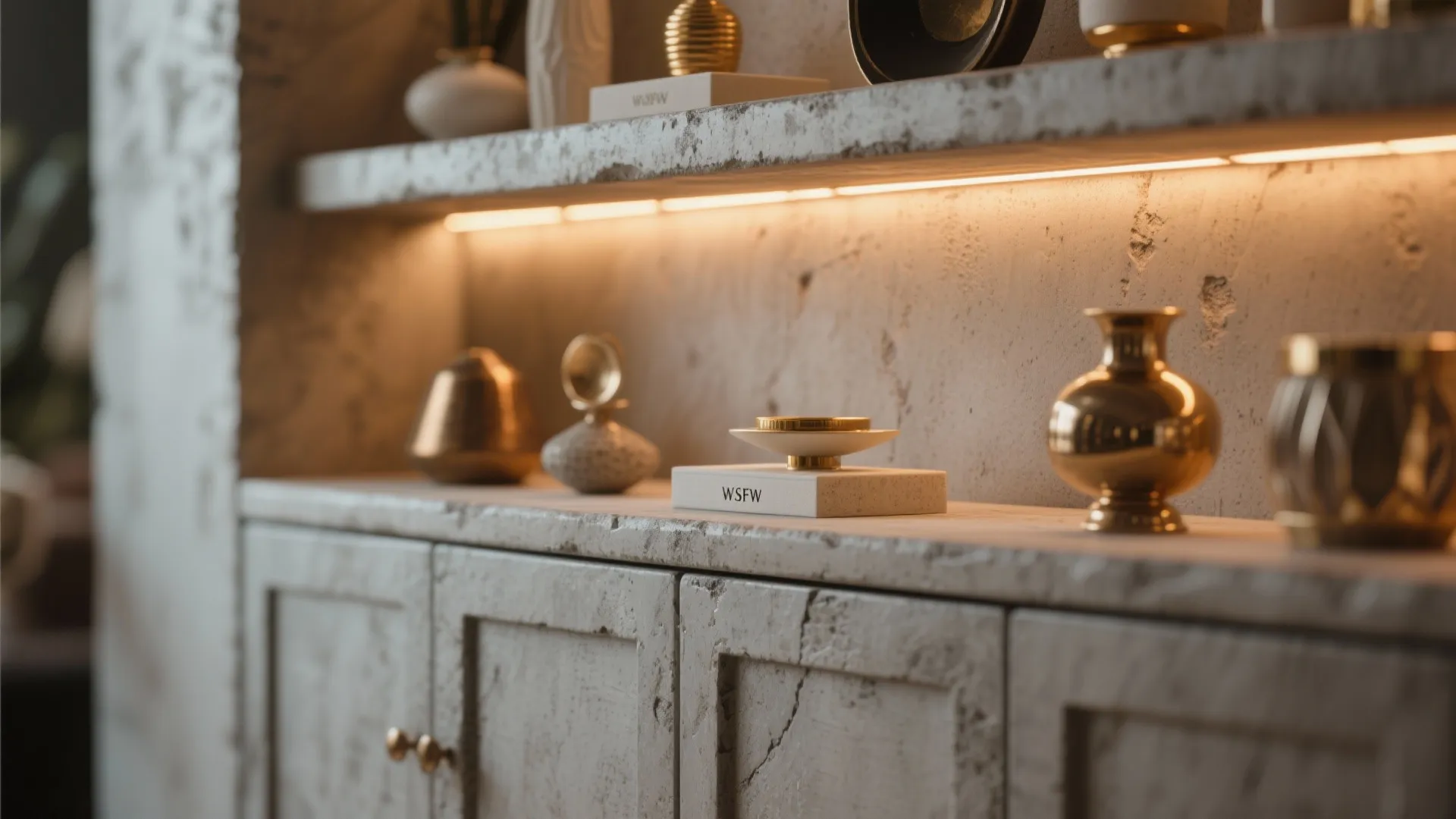 Close up of a concrete cabinet shelf with golden decor items and warm light strip