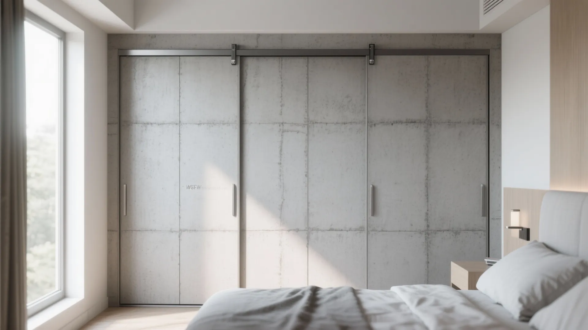 Bedroom interior showing large sliding closet doors with a concrete look beside a white bed