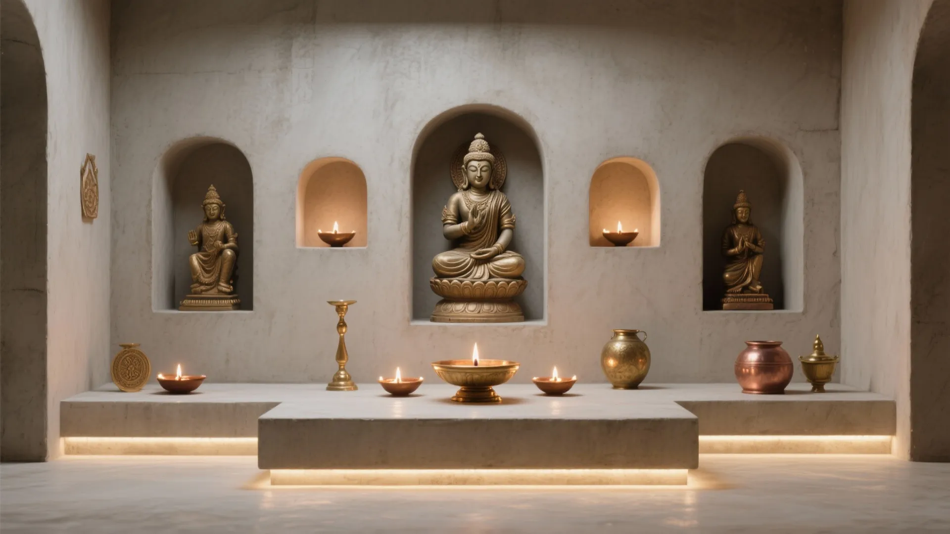 Minimalist cement altar with recessed niches