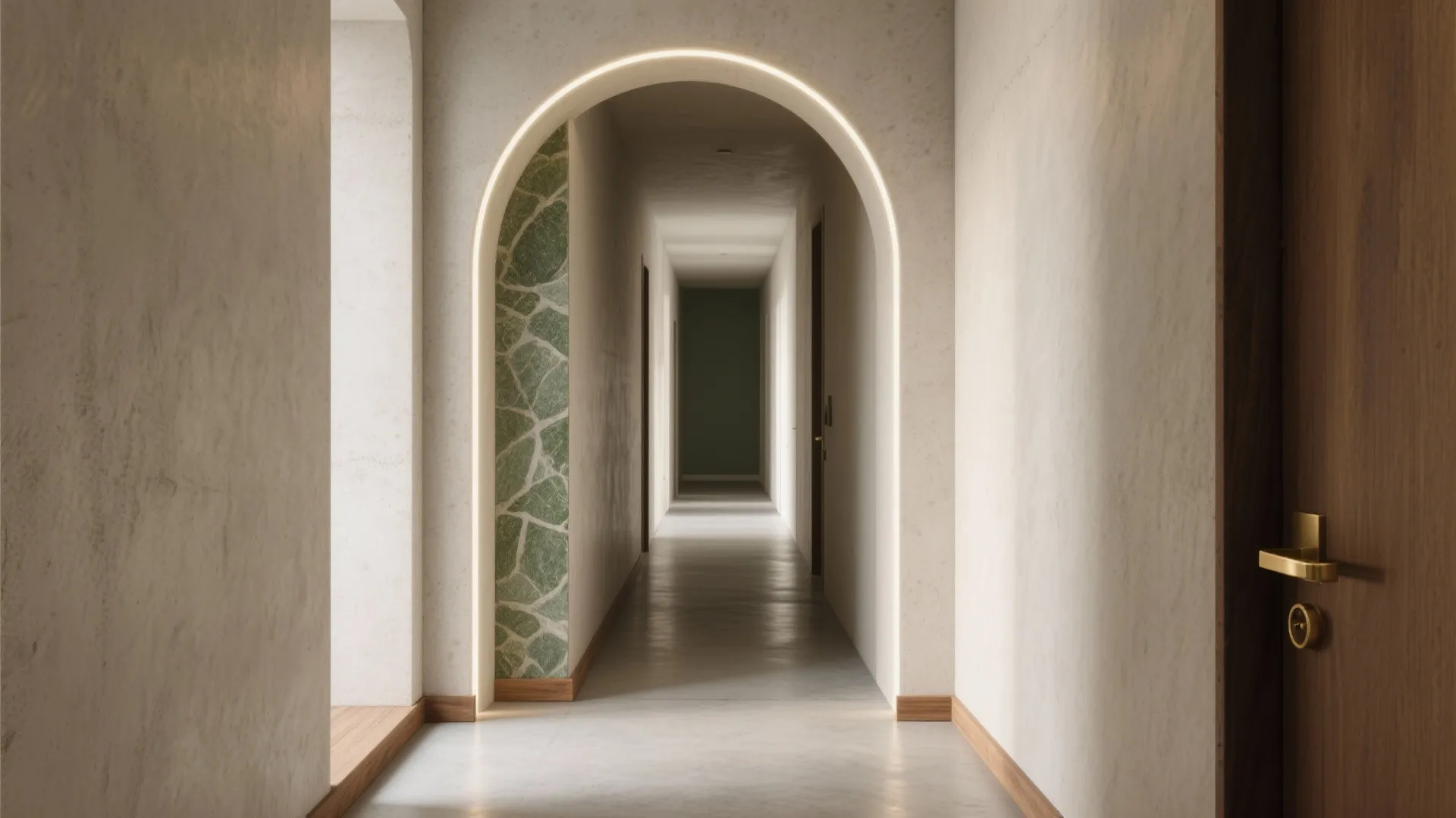 Long hallway with an illuminated archway featuring green pattern wall and modern wood door handle