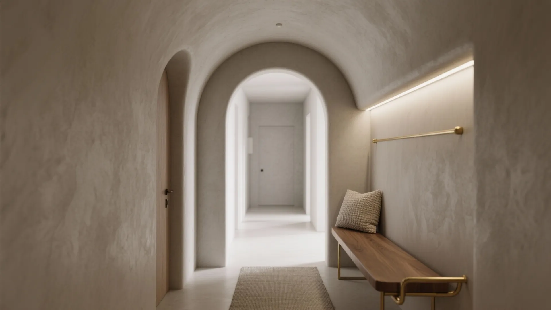 Long hallway with arched ceilings, a wooden bench, gray textured walls, and warm light fixtures