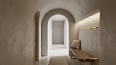 Serene Arched Hallway Design with Warm Lighting