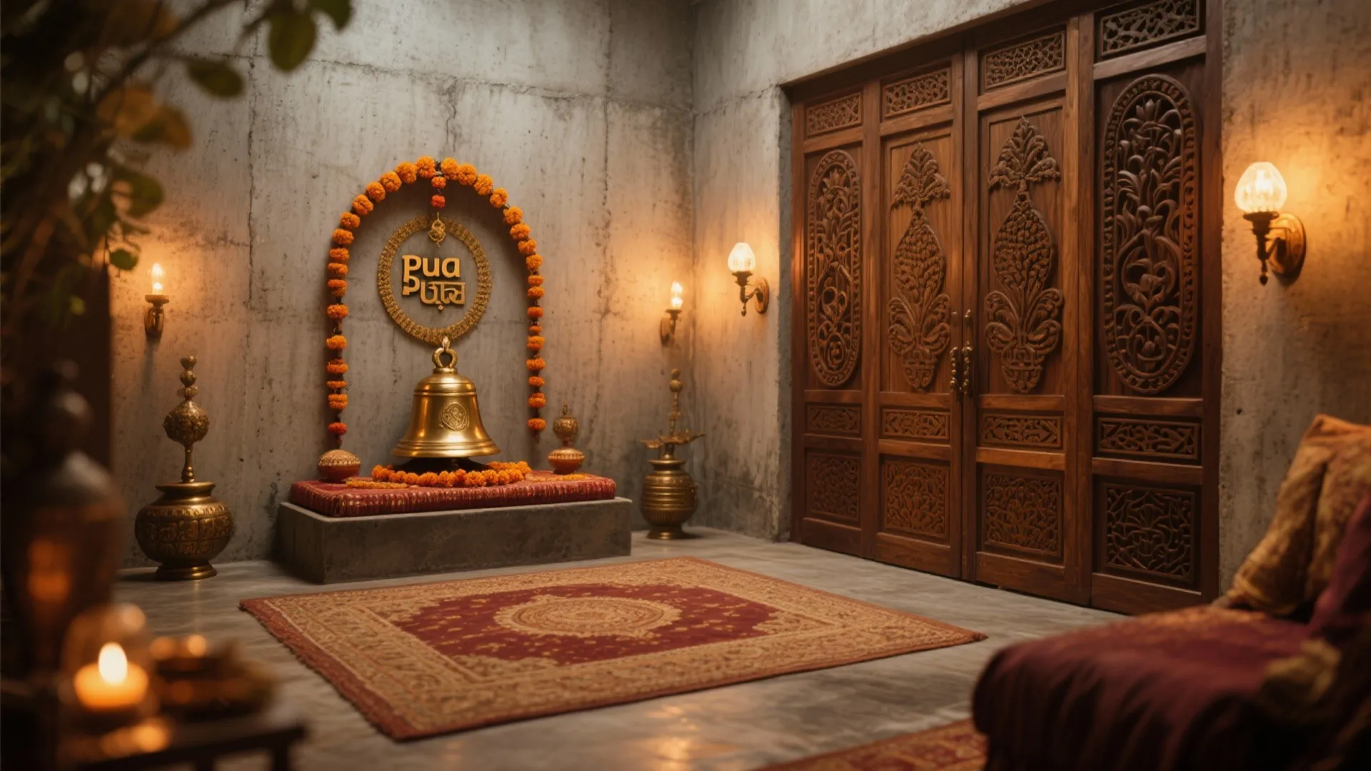 Cement-textured backdrop with carved panels