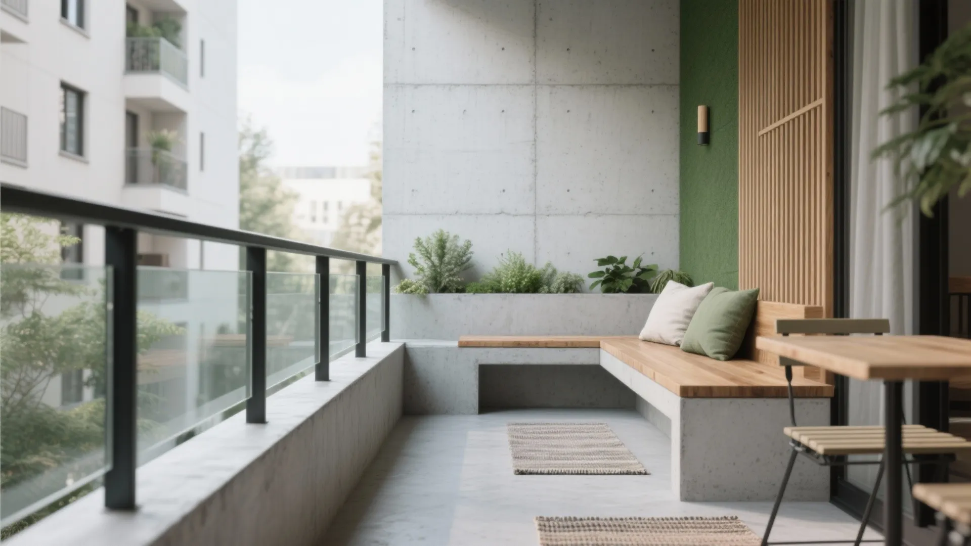 Modern balcony featuring concrete walls with wooden bench and green plants under soft natural outdoor light